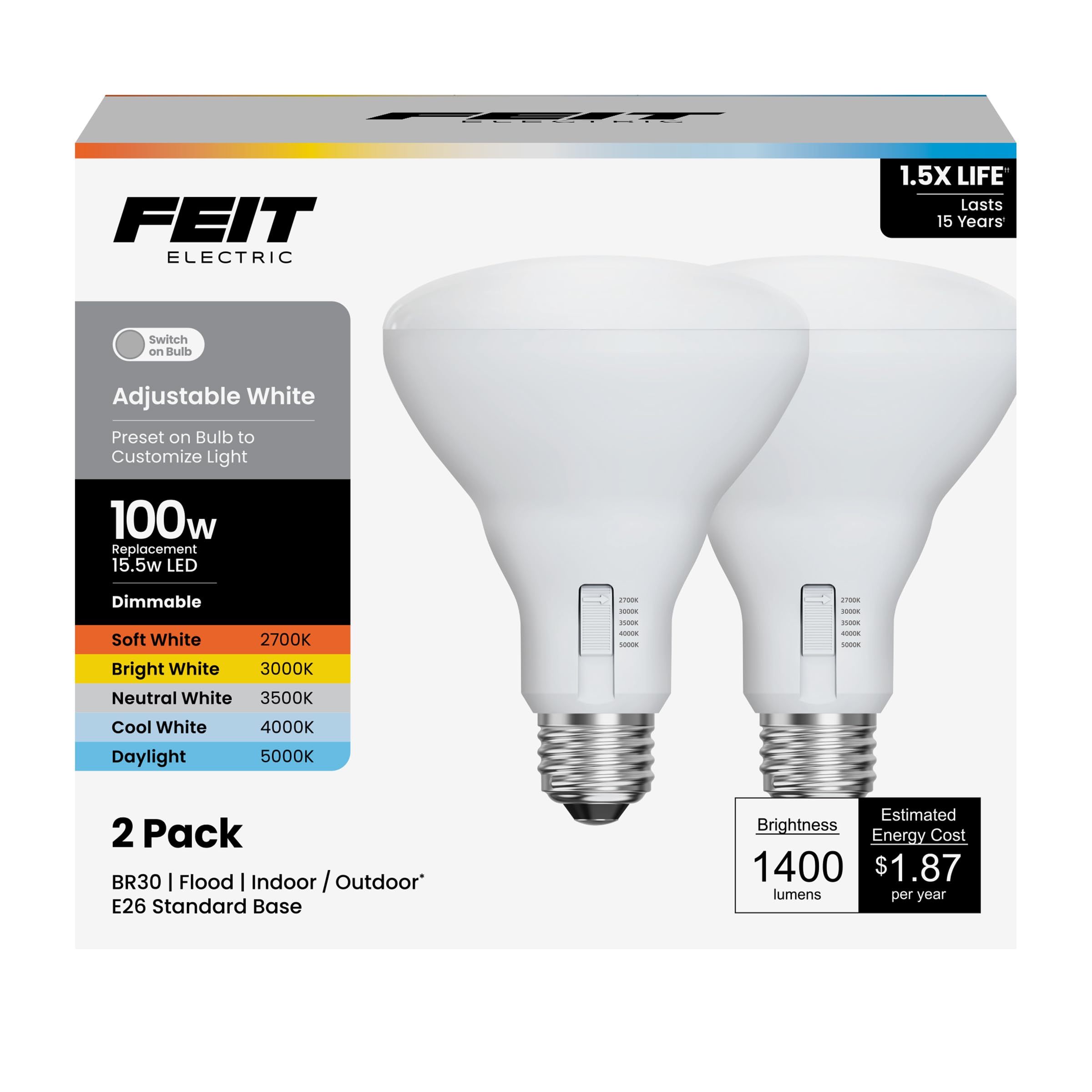 Feit Electric Br30 Led Light Bulb, 100W Equivalent, Dimmable, 5Cct, E26 Medium Base, 90 Cri, 1400 Lumens, Adjustable White, 13 Y