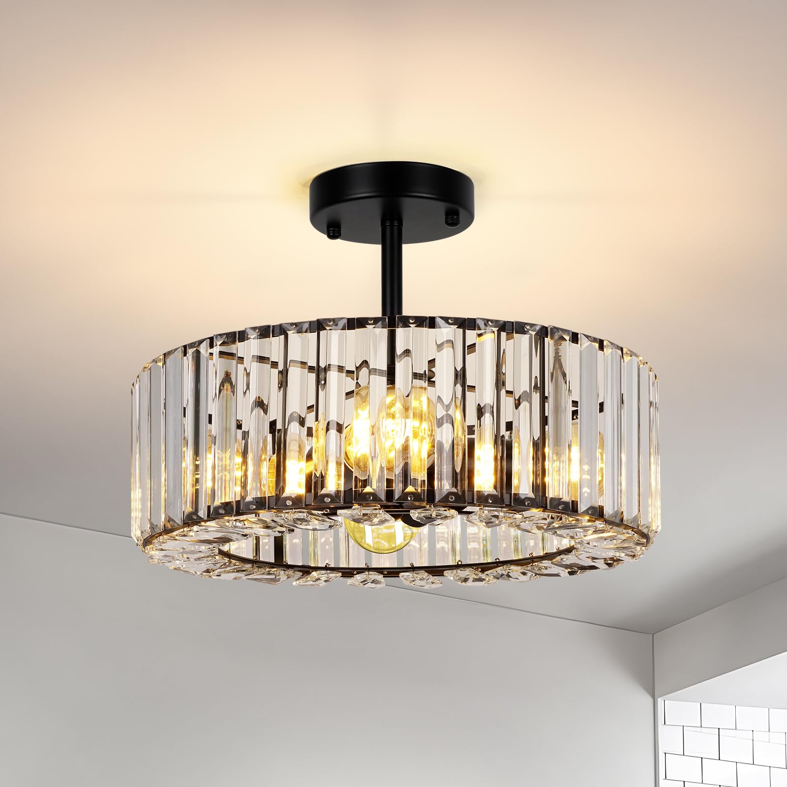 FRIDEKO HOME 4-Light Crystal Ceiling Light Fixture, Modern Semi Flush Mount, 14.56 Inch, Black, Model L01209-130-US