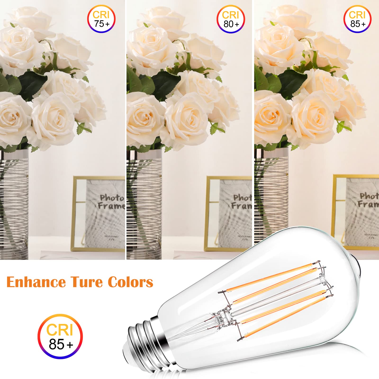PARTPHONER LED Vintage Edison Bulbs, Dimmable, 60W Equivalent, Warm White 2700K, ST58, Clear Glass, Pack of 4