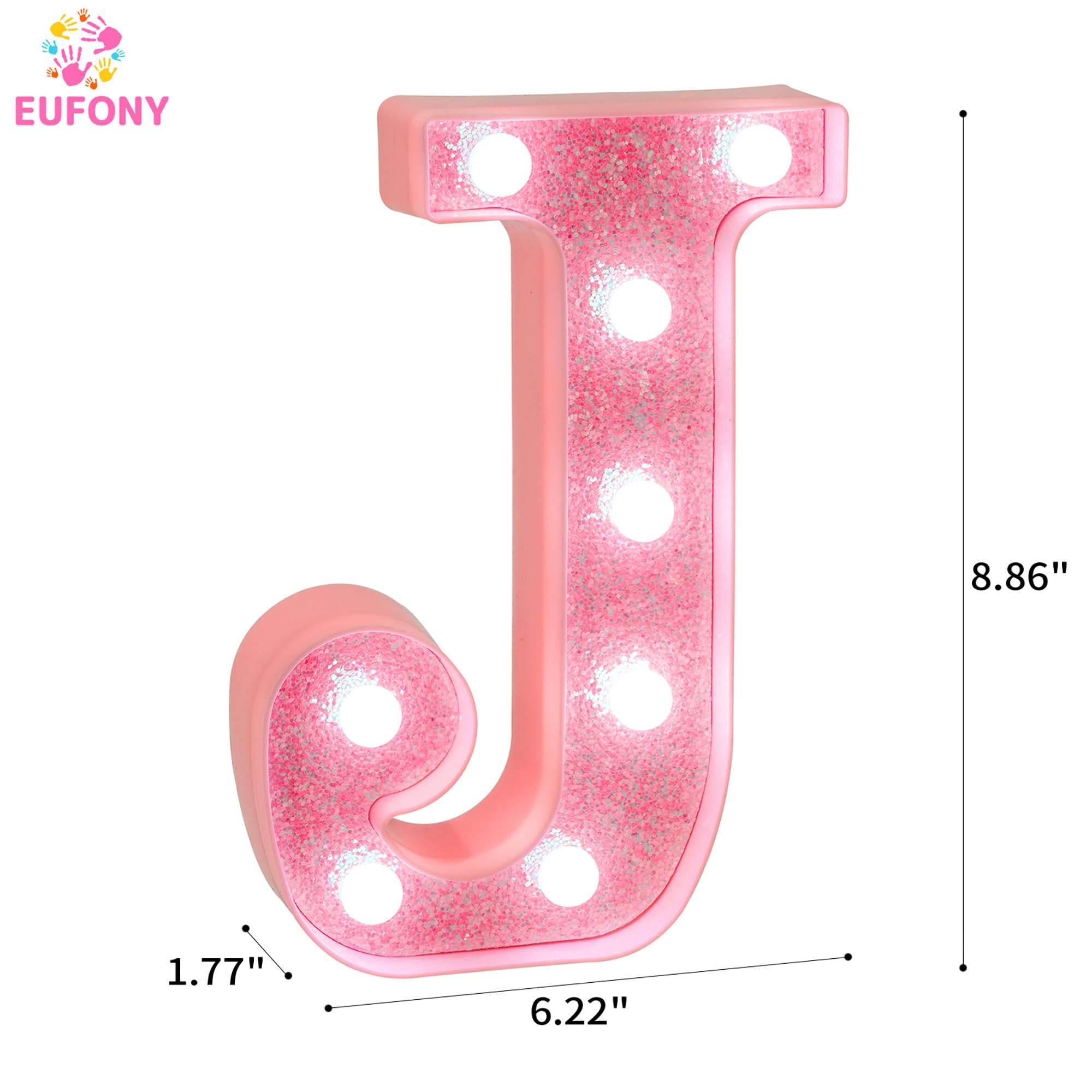 EUFONY Pink Glitter LED Marquee Light Up Letter J with Cool White Lights, Battery-Powered Alphabet Letter Sign for Girls Gift, B
