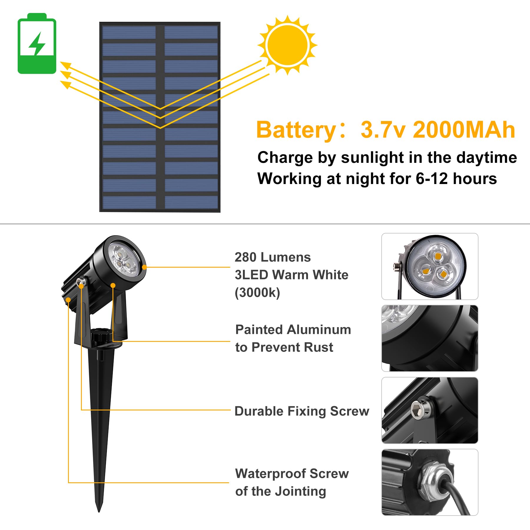 CREPOW Solar Landscape Spotlights, IP65 Waterproof, 3000K Warm White, 1-in-1 (4 Pack), 9.8ft Cable, Model TS-S4201
