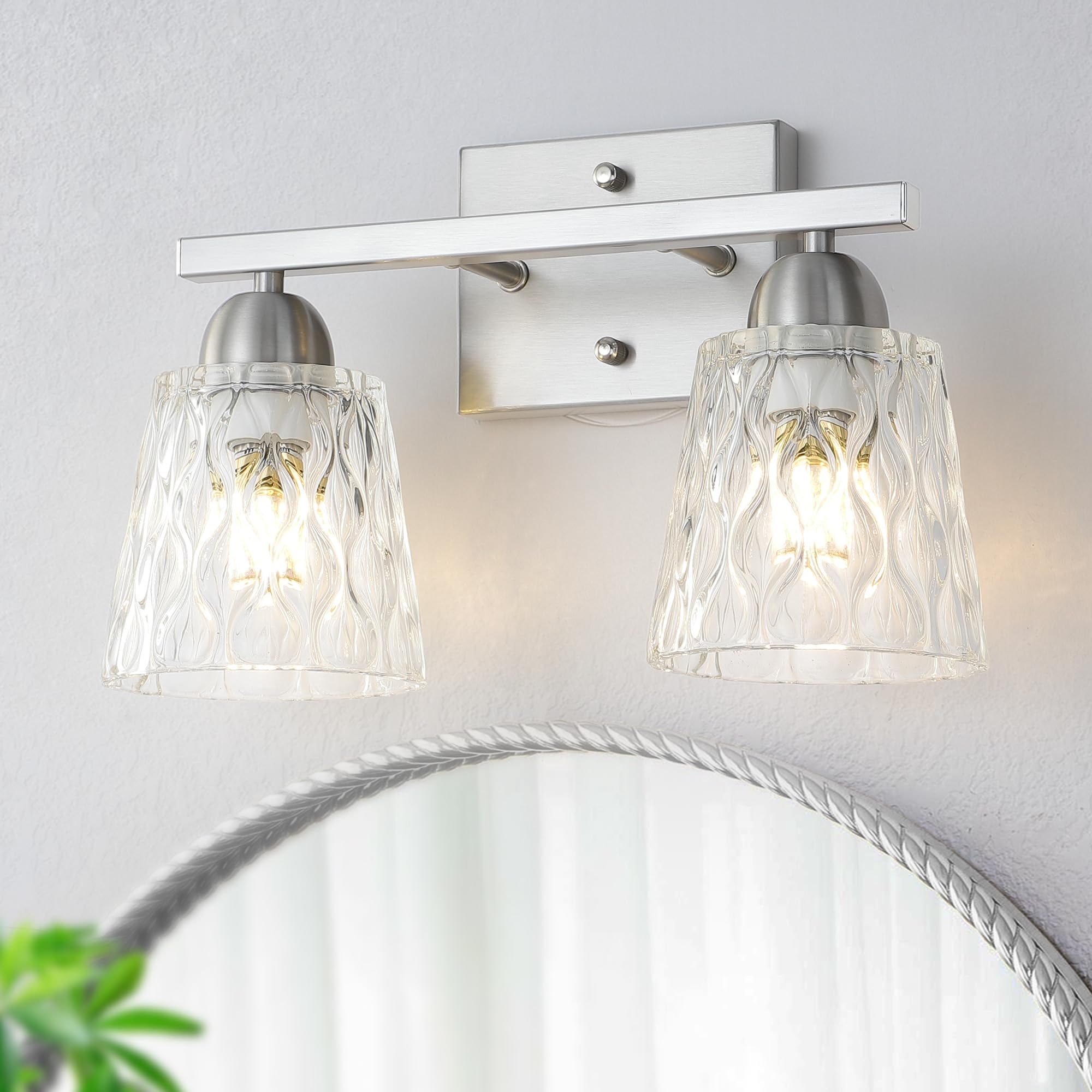 Mecgirn Stainless Steel 2 Light Bathroom Vanity Light, Brushed Nickel Bathroom Light Fixtures With Textured Glass Shades, Modern Vanity Lighting Wall Mount Over Mirror