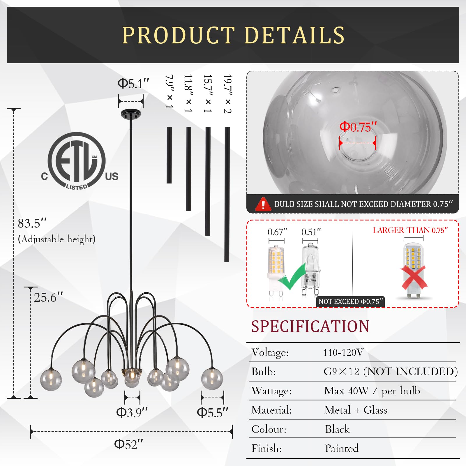 CATINER Modern Black Sputnik Chandelier, 12 Lights, Glass Globe Shades, L52”, for High Ceilings, Dining Room, Foyer, Model P93-12BB1