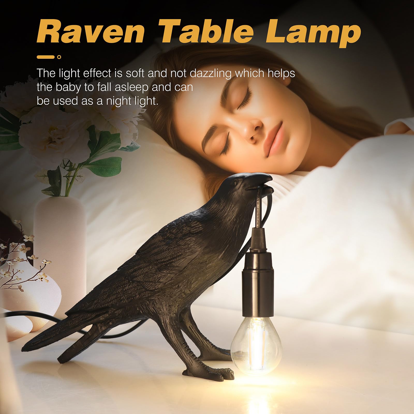 LYOOWNG Crow Lamp - Gothic Raven Table Lamp for Bedroom & Living Room Decor, Halloween Black Crow Design, Model Crow Lamp 01