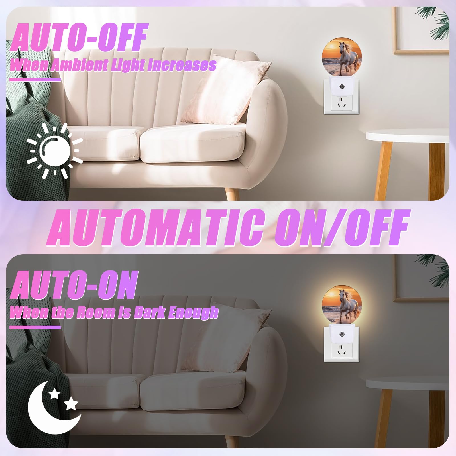 Gantinir Running Horse Night Light Sunset Night Lights Led Lamp Round Plug Into Wall Nightlight With Dusk To Dawn Sensor Home Hallway Stairway Kitchen Decor