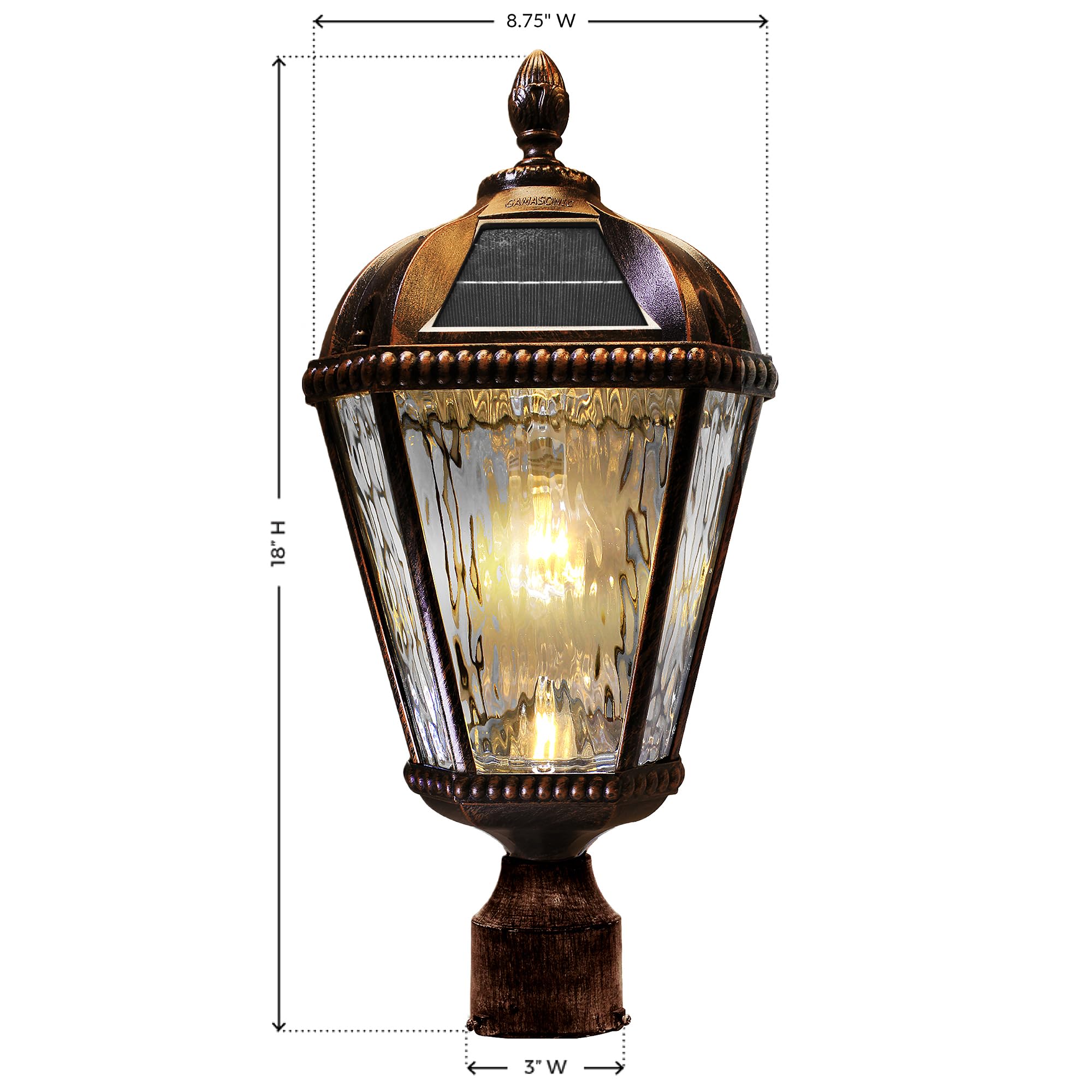 Gama Sonic Outdoor Solar Post Light, Brushed Bronze Finish Aluminum, Royal Bulb, Clear Rain Glass, 3-inch Fitter for Lamp Posts