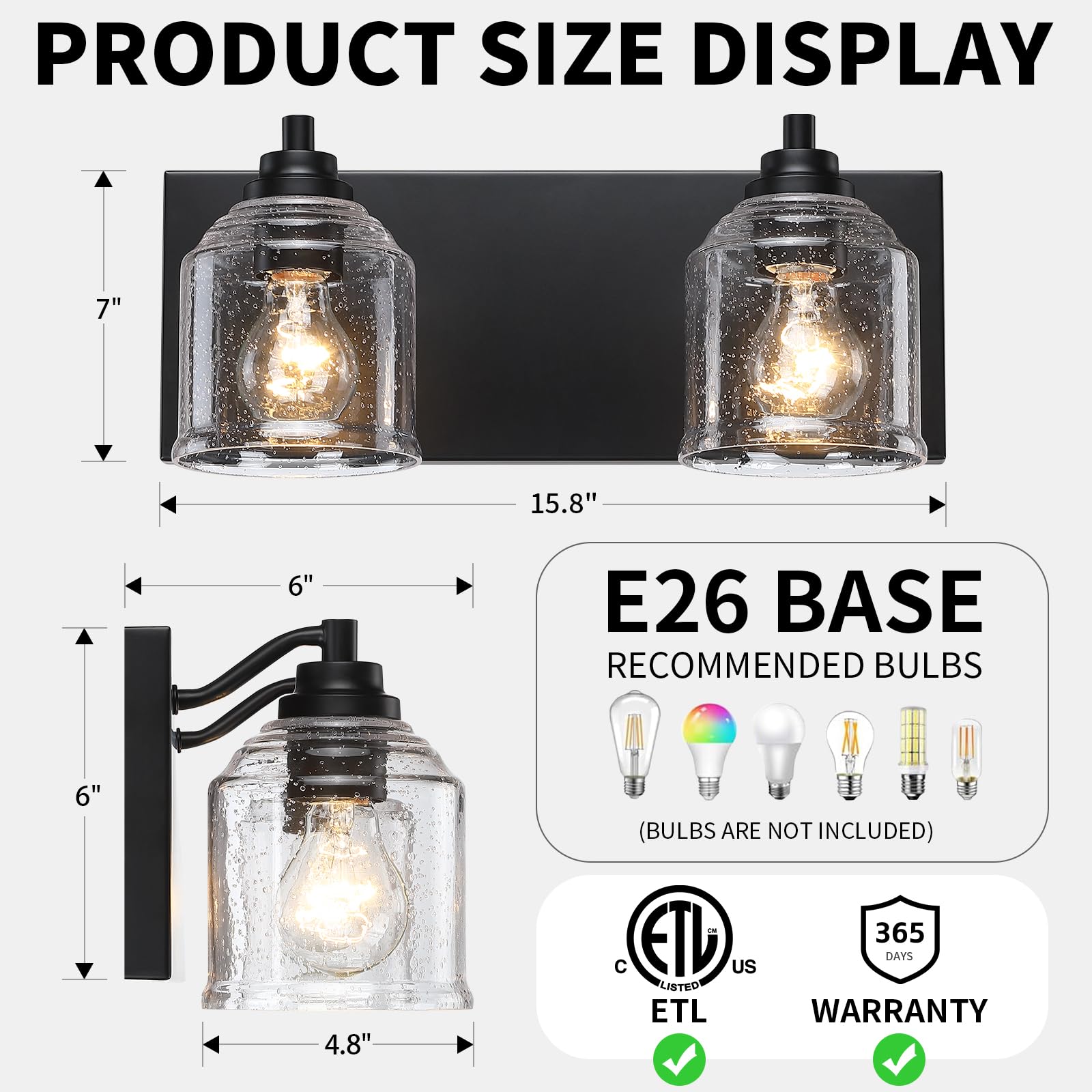 YKLITG Vanity Lights for Bathroom, 48 inch, 6-Light, Black Metal, Rustic Bubble Glass Shades, Model BD005 S
