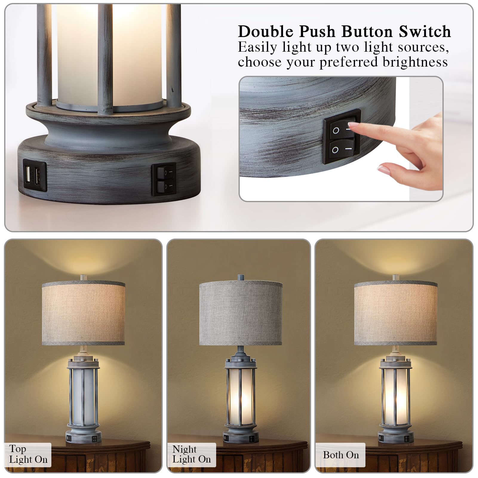 AIEAMPDO Rustic Table Lamps Set of 2, Vintage Light Green Glass, 2 USB Ports, Antique Metal, Model AI-8896