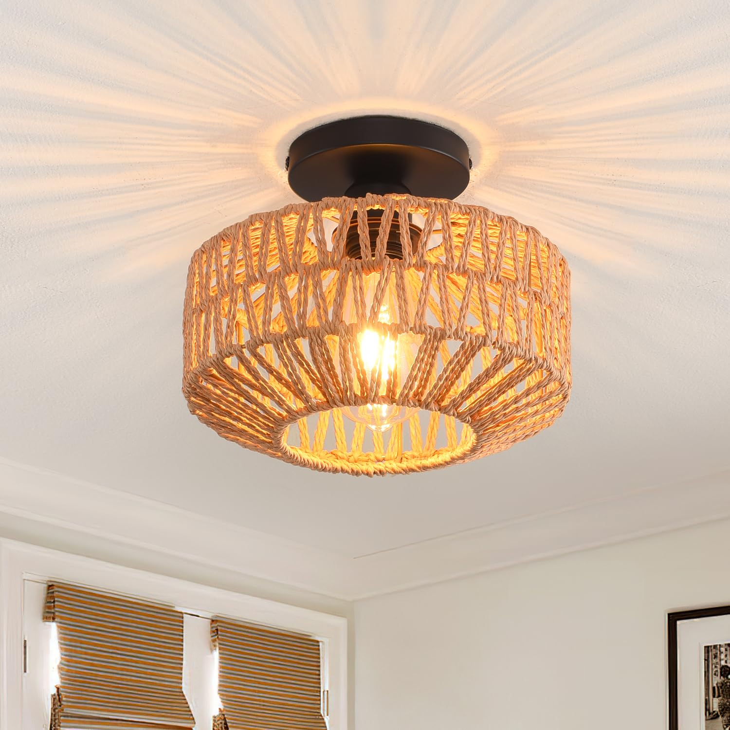 KENMI Ceiling Light Fixture, Hand-Woven Rattan, Metal, 9.8 IN, Flush Mount, Boho Style for Hallway, Bedroom, Kitchen, Living Room