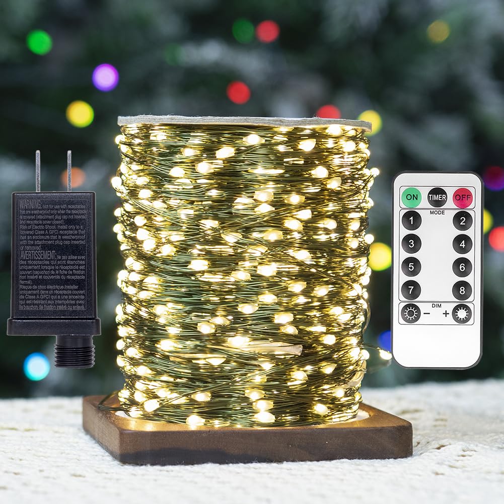 Zeluxdot Fairy Lights Plug In,660Ft 2000 Leds Waterproof String Lights,Green Copper Wire,Led Lights Stirp With Remote 8Modes For Indoor Outdoor Christmas Wedding Birthday Patio Garden Decor,Warm White