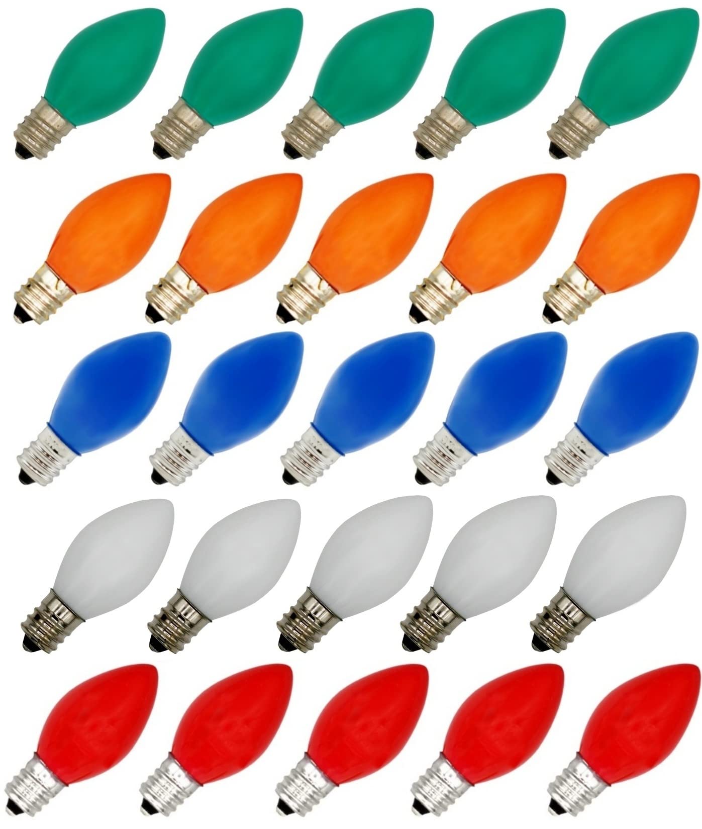 Creative Hobbies 25 Pack C7 Multicolor Christmas Light Bulbs - 7W Steady Burning Incandescent, Ceramic Multicolor, Nickel Plated