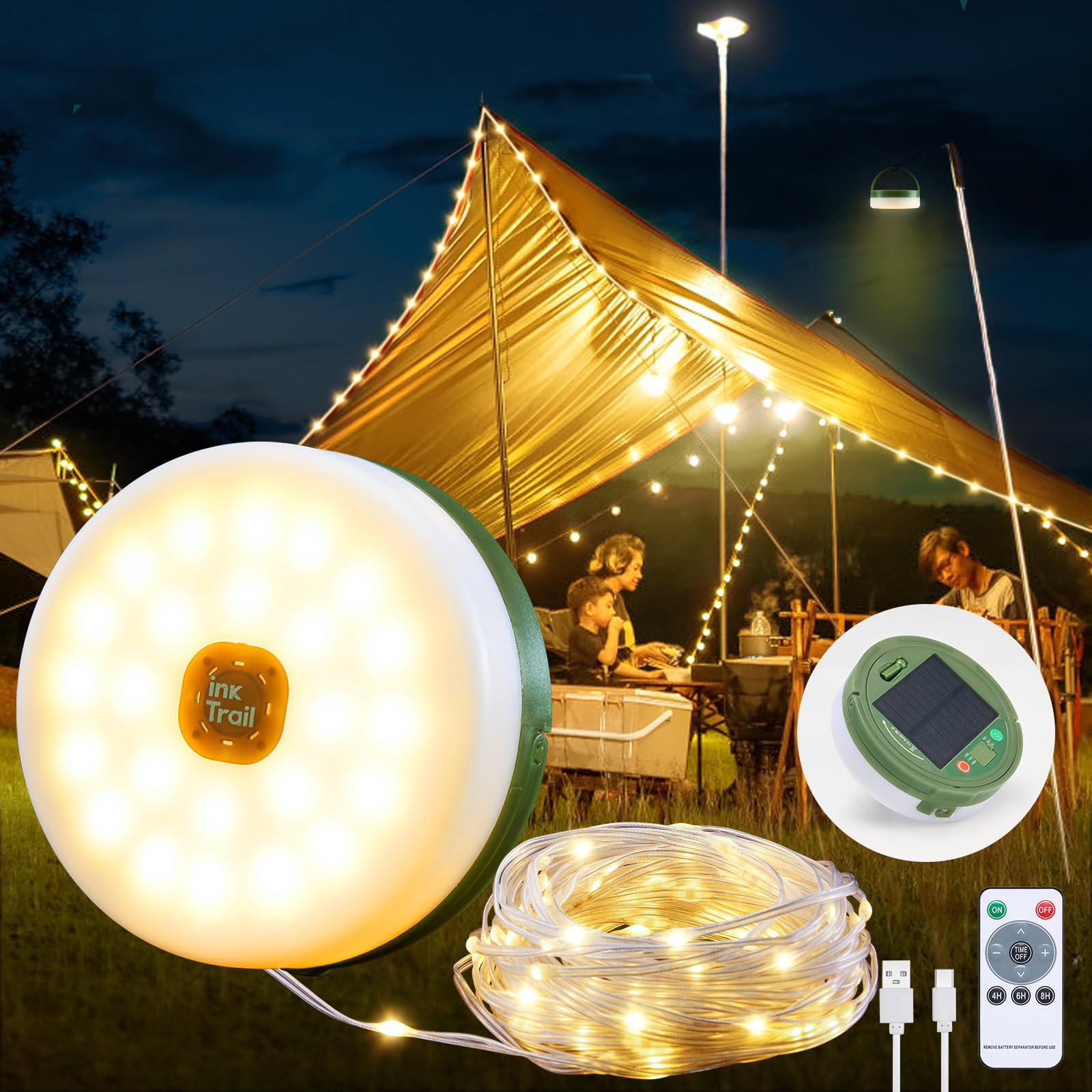 InkTrail Camping String Lights, 33FT Rechargeable LED Lamp, 14 Lighting Modes, Waterproof, Green, Model CSL000