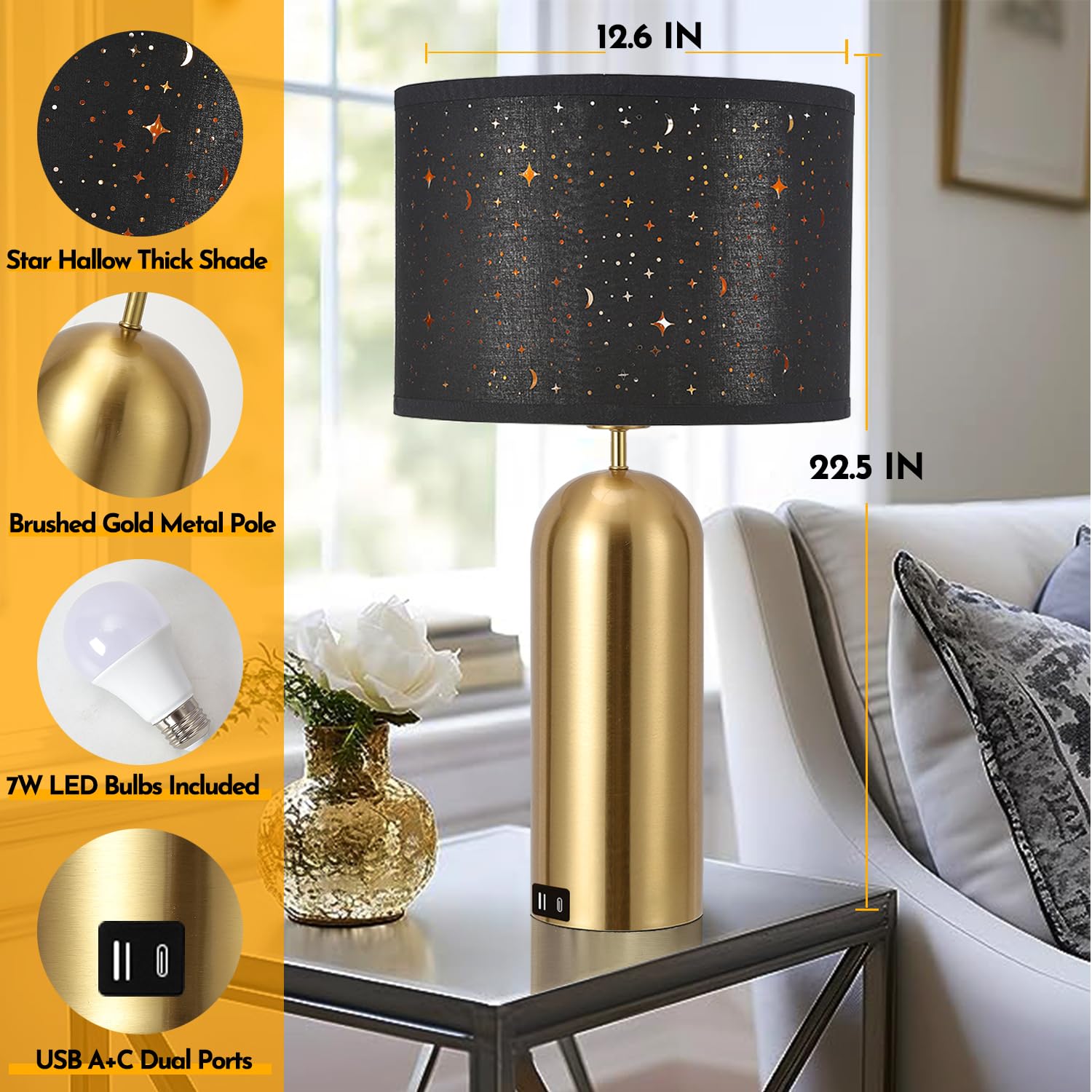 Touch Control Lamps Set Of 2 Gold Table Lamps 3-Way Dimmable With Usb A+C Ports Tall Modern End Table Lamps For Living Room Beds