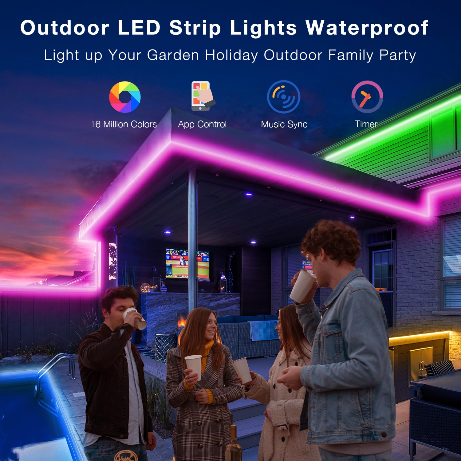 Outdoor Led Strip Lights Waterproof 100Ft, Ip67 Waterproof Led Light Strips With Remote, Music Sync App Control, Rgb Color Chang