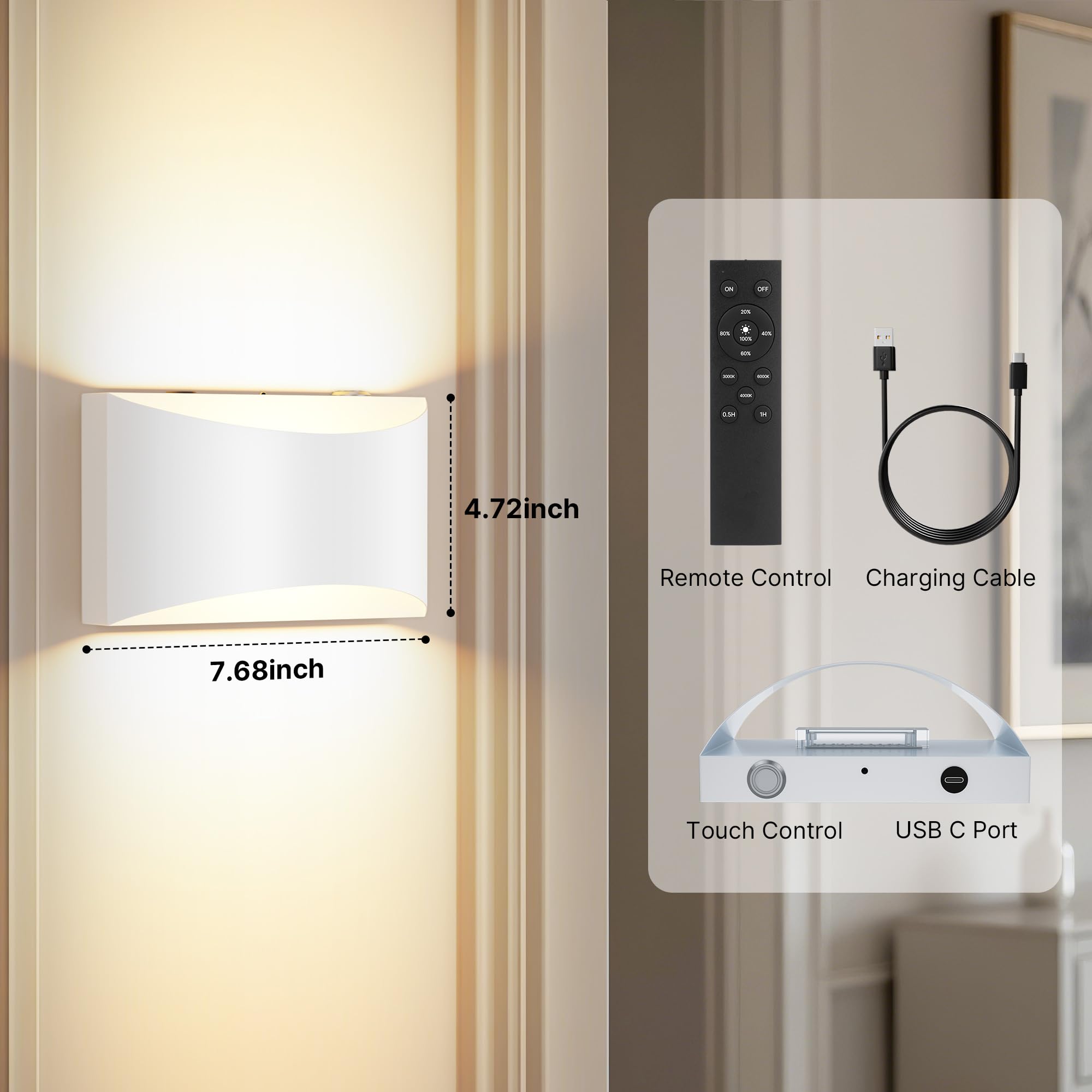 FOLKSMATE Battery Operated Wall Sconces Set of 2, White, Rechargeable, Wireless, Touch Control, Dimmable, Model XUBYCD-25