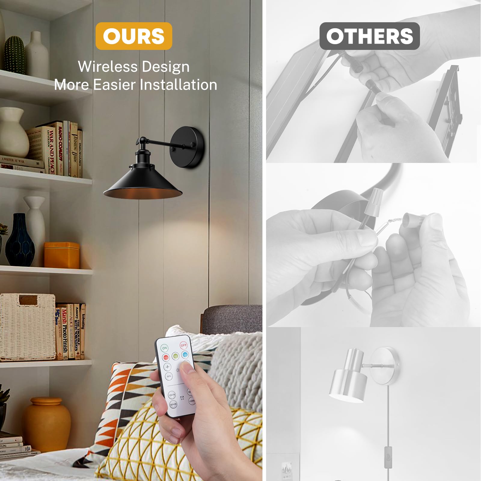 Nooknova Battery Operated Wall Sconce, Swing Arm Wall Lights Battery Powered Sconces Wall Lamp Fixture Cordless Wall Lights Set Of 2 With Remote Adjustable For Bedroom Farmhouse Hallway