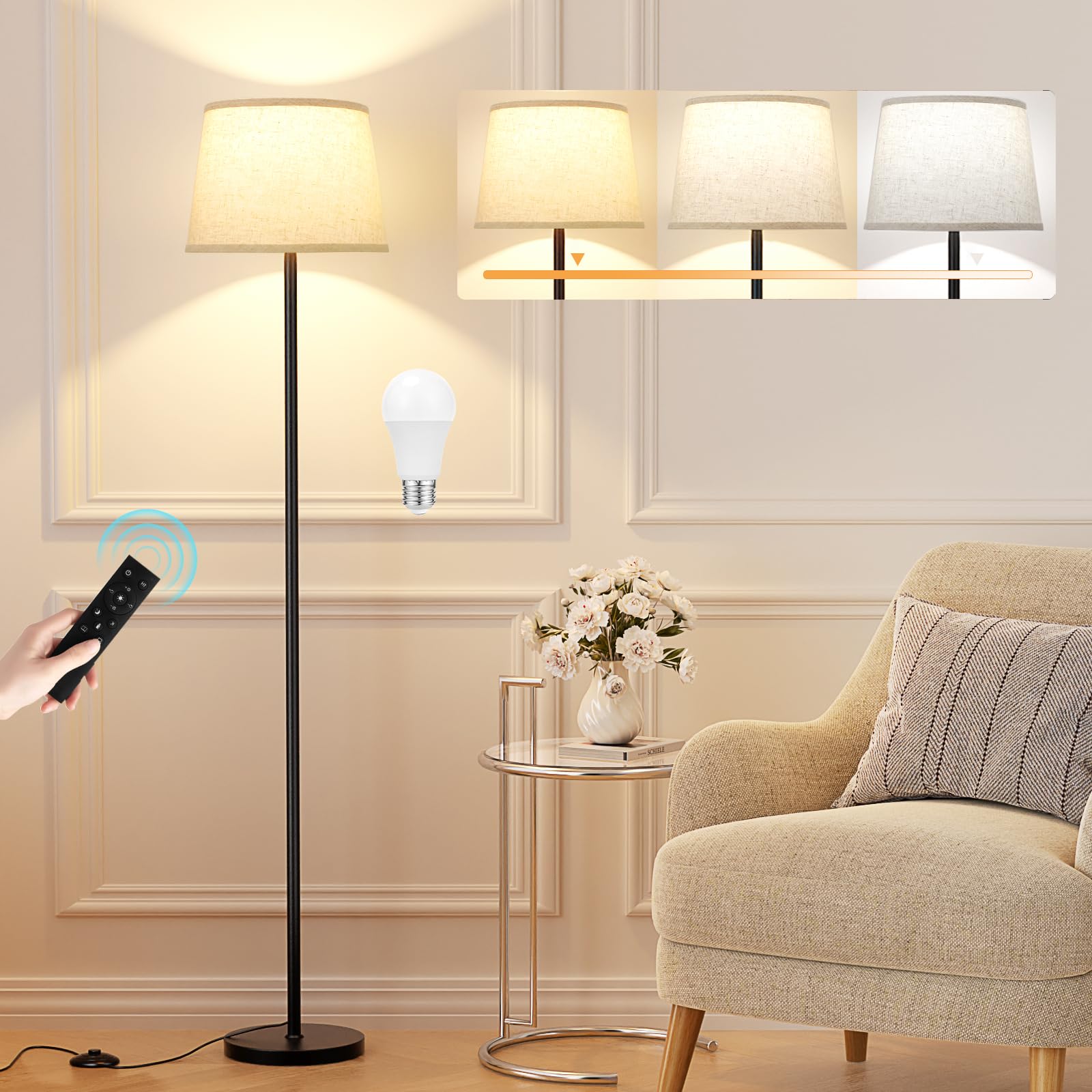 Raexpectis Modern Floor Lamp with Remote Control, Dimmable, Metal, Beige Shade