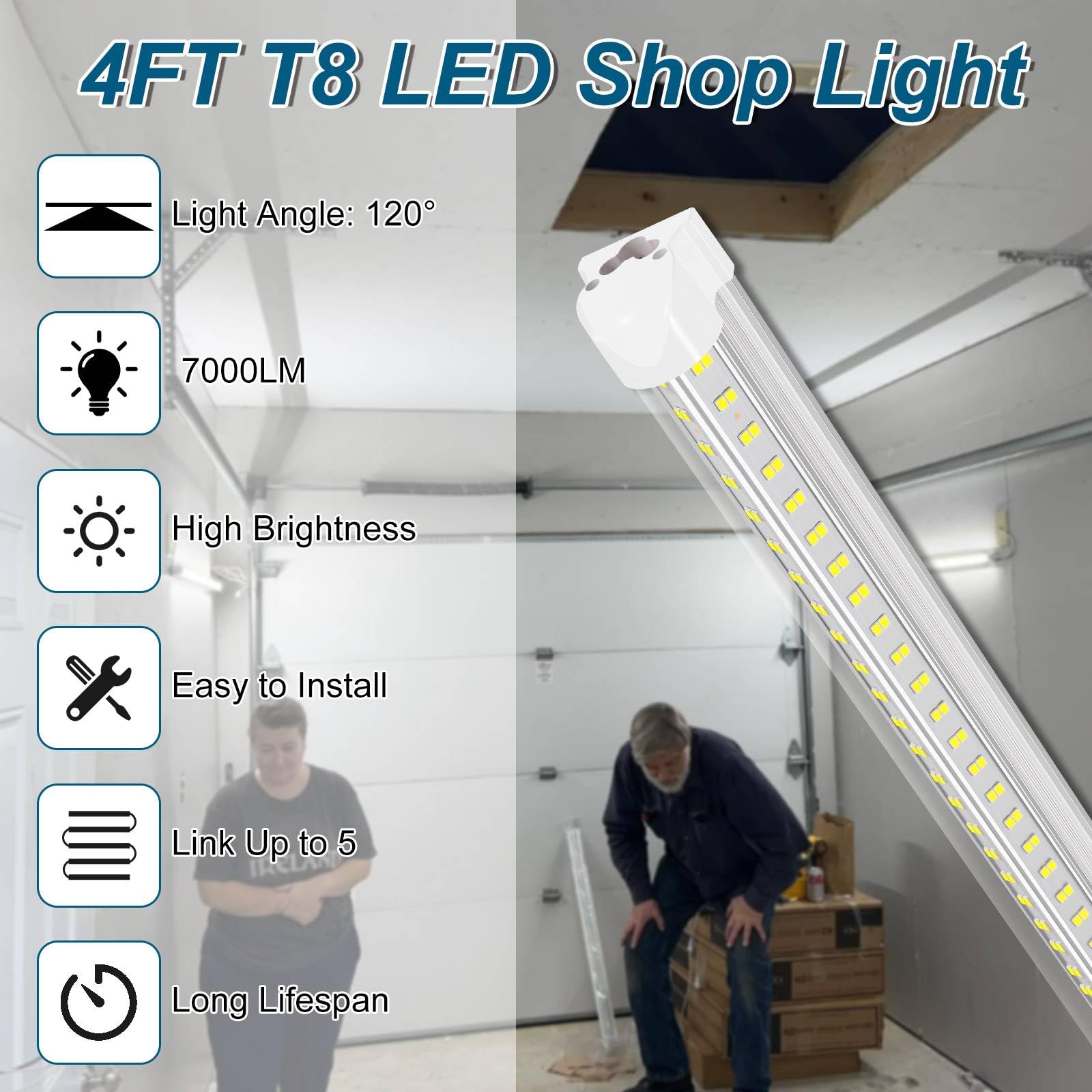 AQIQUUT LED Shop Lights 4FT 50W 6500K Clear White V-Shape Linkable 6-Pack