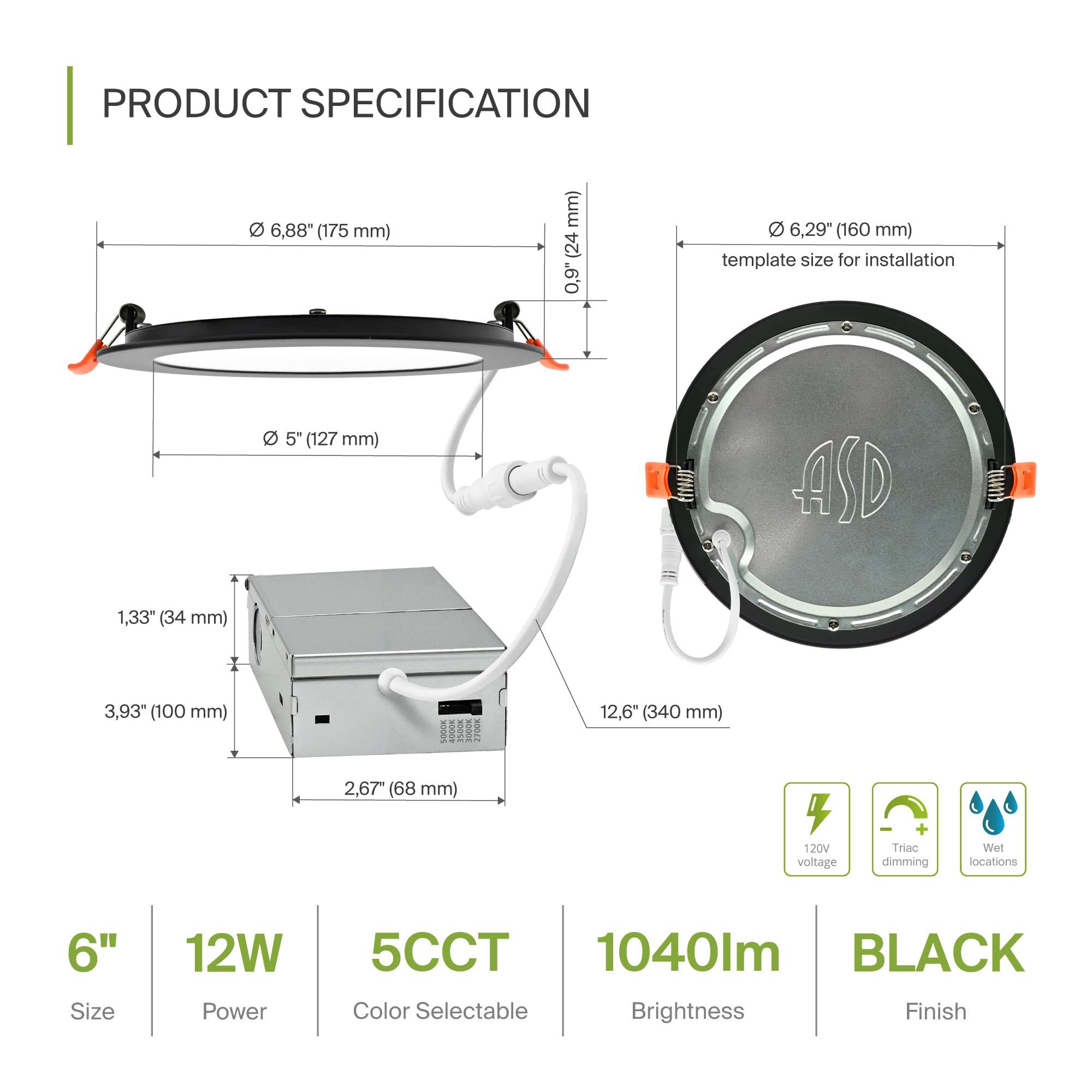 ASD 6 Pack LED Recessed Lighting, 12W Dimmable, 6 Inch, IC Rated, Black, Energy Star, Model A-JBR-6D12BK