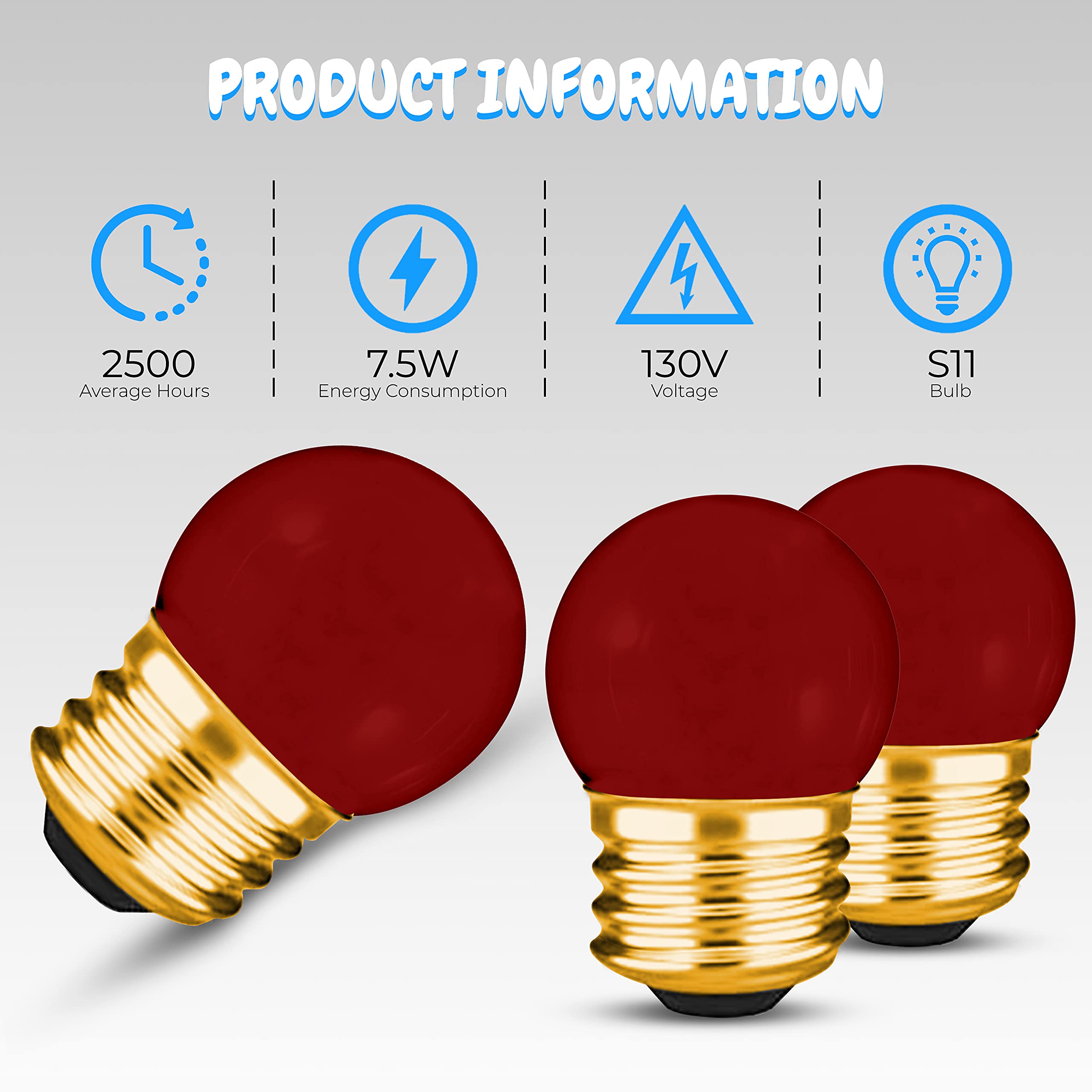 Ohlectric 10 Pack - S11 Ceramic Red Night Light Bulbs | Dimmable | 7.5W Incandescent Light Bulb With E26 Medium Base | 40 Lumens