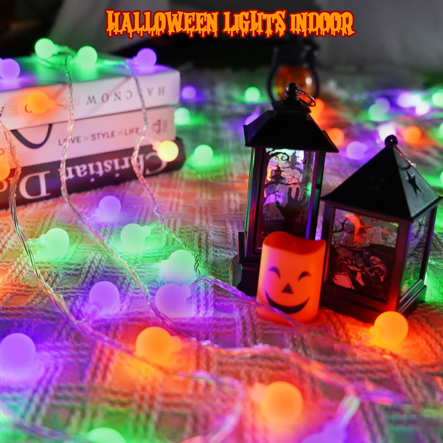 LORRYTE 100 LED Connectable Globe String Lights - 43FT, Waterproof, Timer, 13 Modes, Orange Purple Green, Halloween Indoor Outdoor Decor