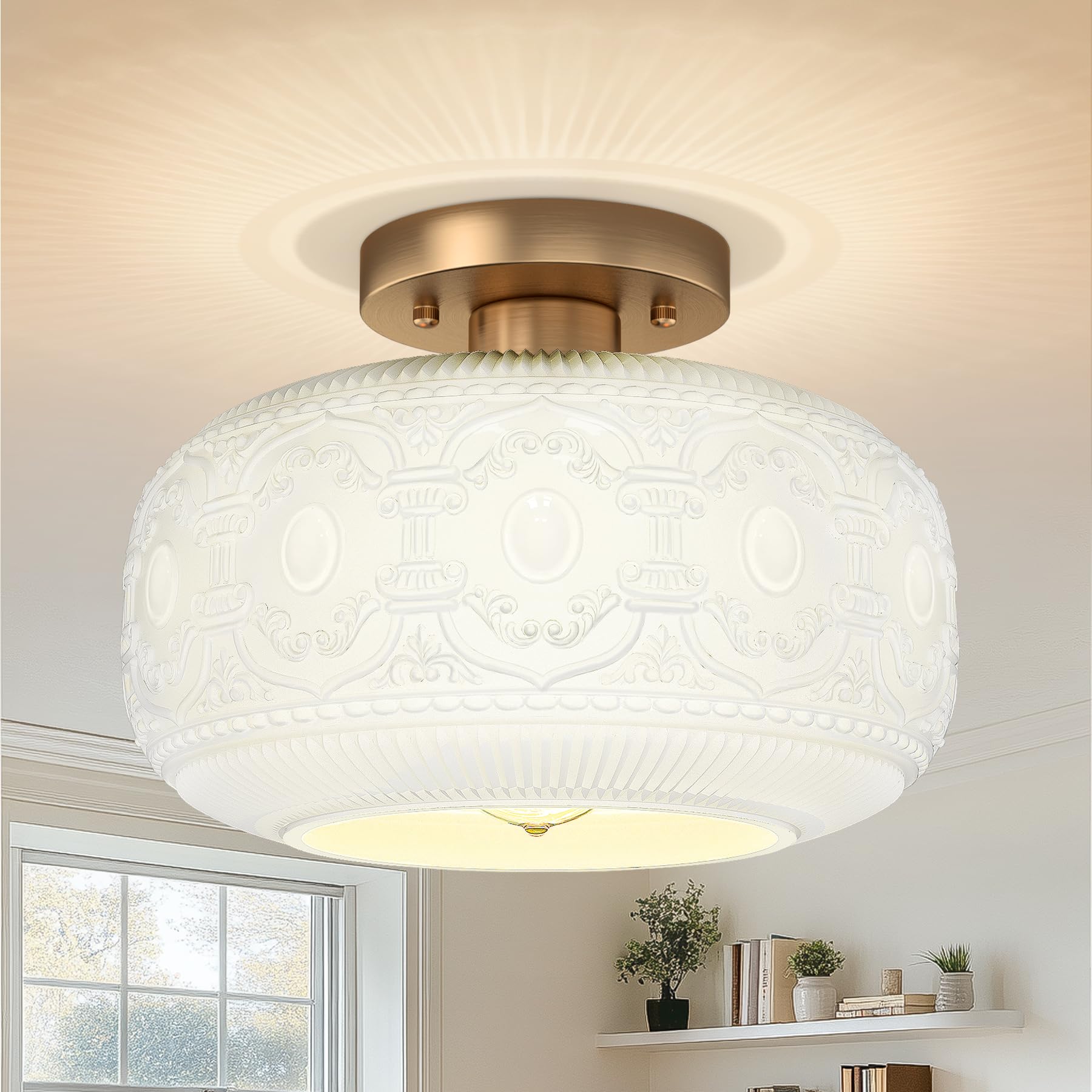 Oykyohei Gold & White Glass Semi Flush Mount Ceiling Light Fixture For Kitchen & Hallway