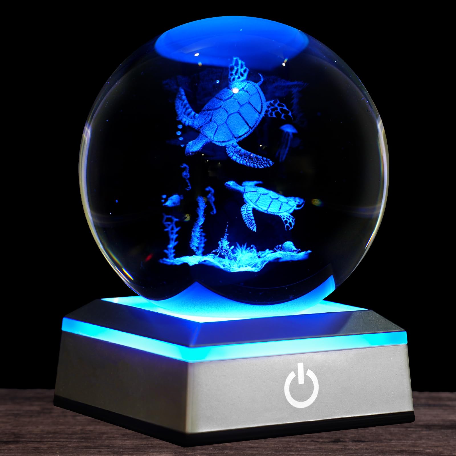 3D Sea Turtle Crystal Ball Night Light 3.15 inch Glass Ball Table Lamp with Color Changing Touch Base Decor Ideal Turtle Figurin