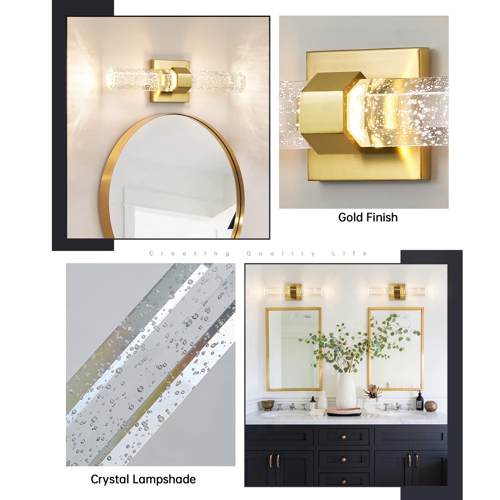 Epinl Bathroom Sconce Wall Lighting - Modern Gold Wall Sconce Crystal Wall Light 3000K Led Wall Mount Light Vertical And Horizon
