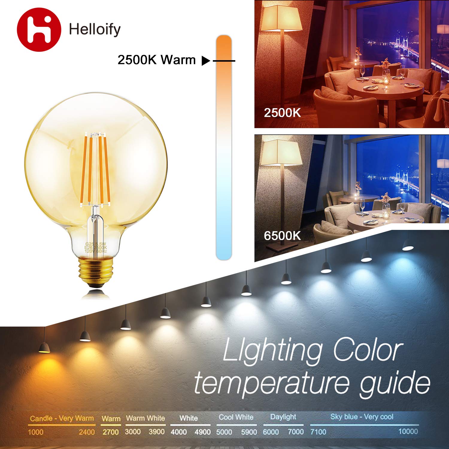 Helloify G25 Vintage LED Edison Bulb, Dimmable, Warm White 2500K, Amber, E26 Screw Base, 60W Equivalent, 4 Count