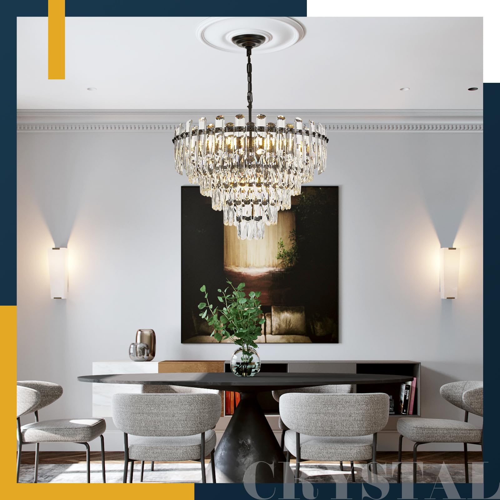Brfaixla 6-Tiers Modern Crystal Chandelier Black 12-Light 23.6 Contemporary Round Pendant Chandeliers Light stylish Ceiling Hanging Lighting For Living Dining Room Bedroom Kitchen Island Foyer