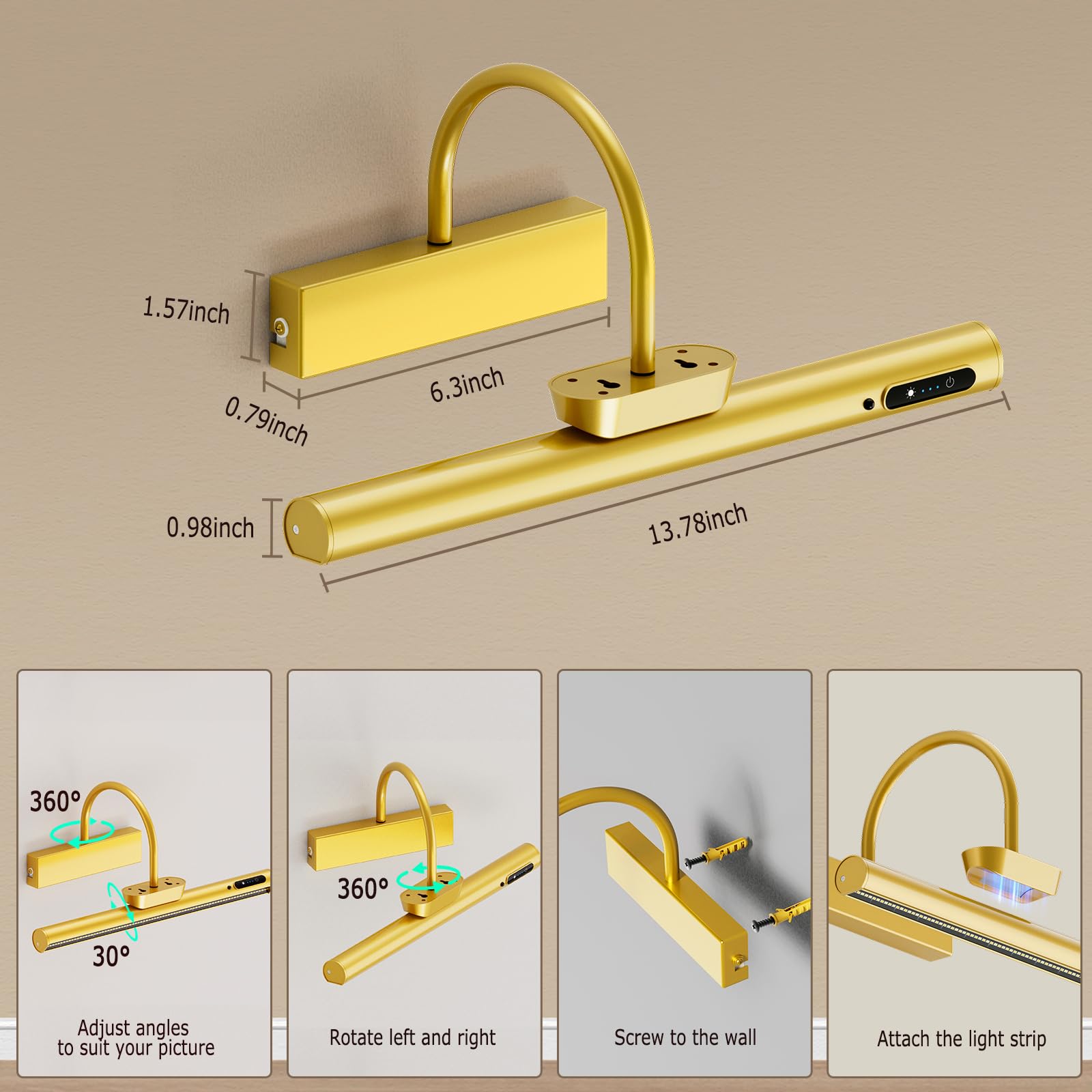 Bridika 19.7in Battery Operated Picture Light - Dimmable Gold Aluminum Art Light for Wall, Model YZ500