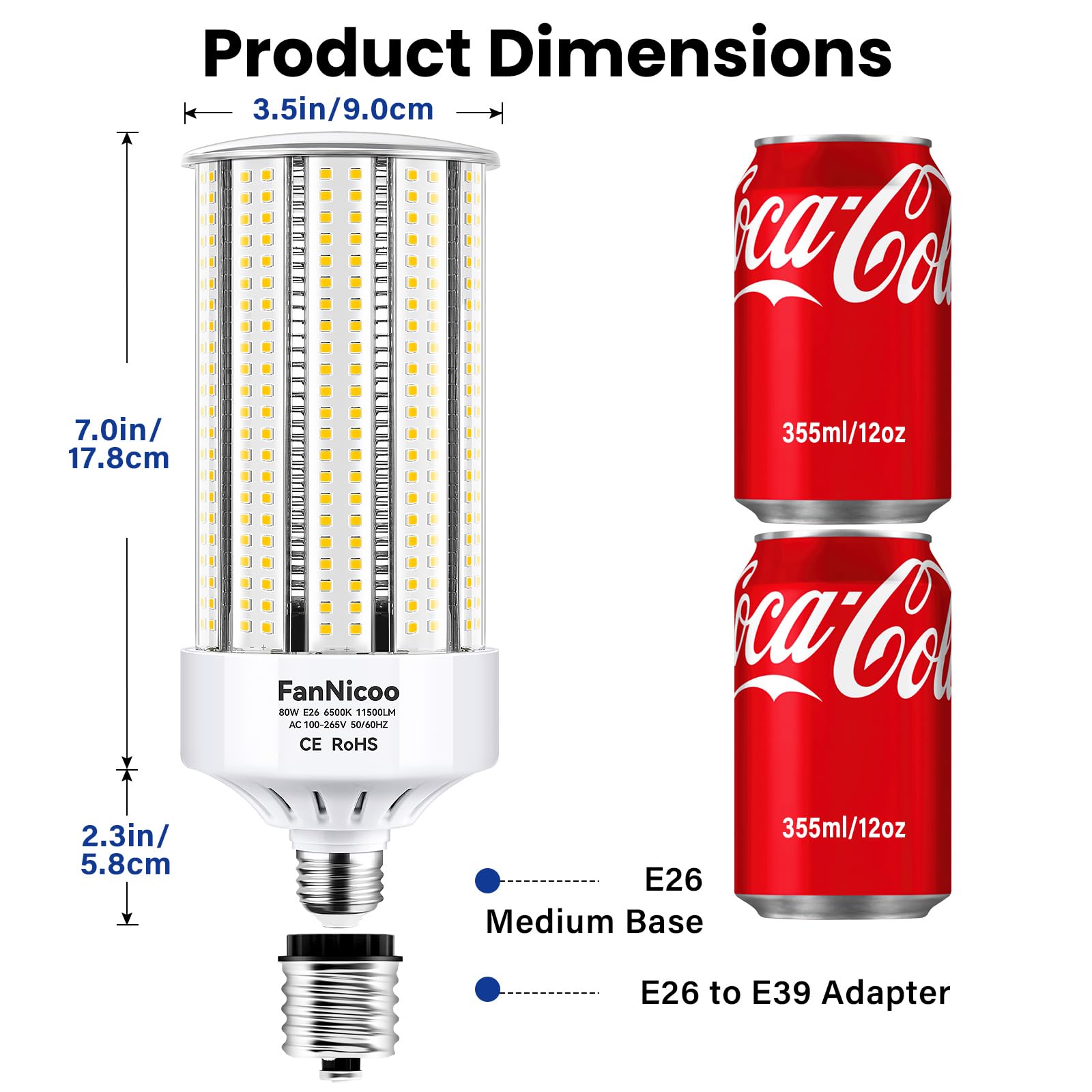 FanNicoo LED Corn Light Bulb, 2 Pack, 1000W Equivalent, 11500 Lumens, 6500K Daylight White, E26/E39 Base, Metal