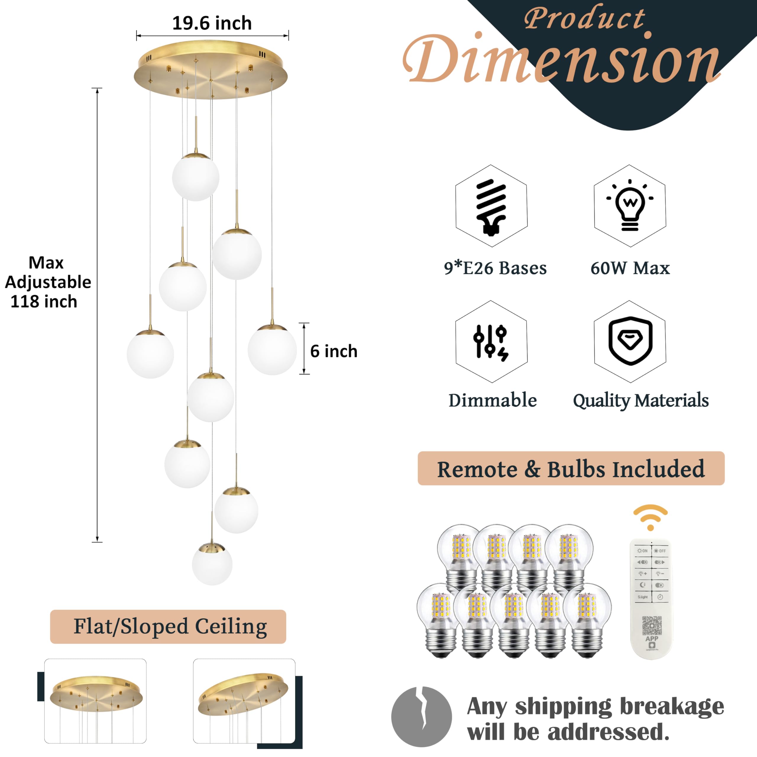 Koko&Yukina 9-Light Globe Milky White Glass Pendant Light Adjustable Length Pendant Lights Modern Glass Globe Pendant Lights Gol