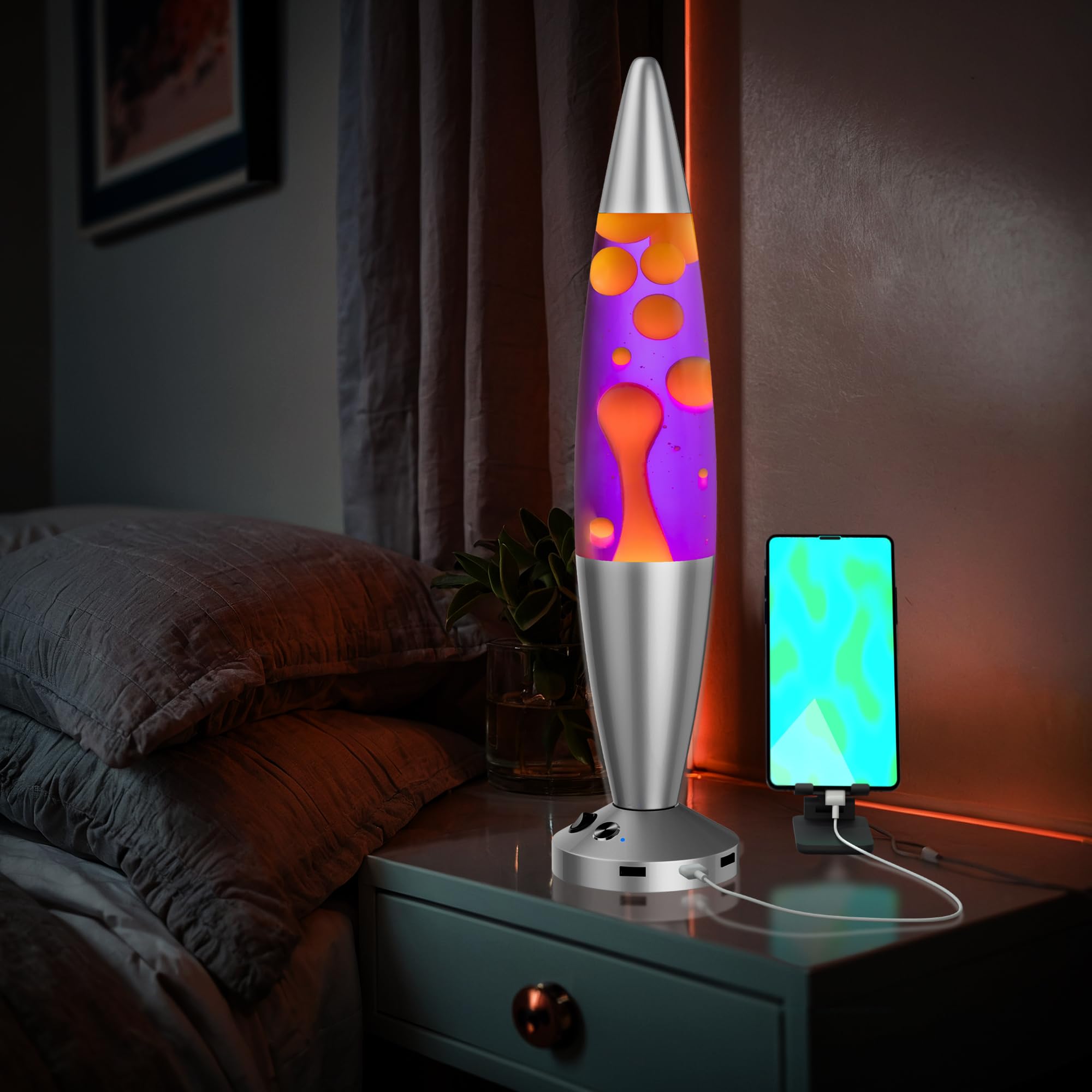 JAMBO Motion Lamp - 16in Silver Base, Purple Liquid, Yellow Wax - USB Ports, Auto Shut Off, Model 59000 - Night Light for Home Decor
