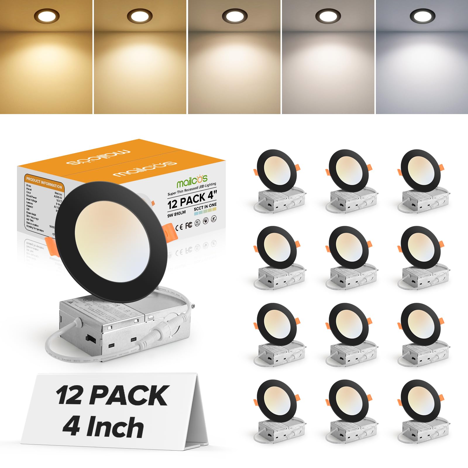 MAILCOS 12 Pack 4 Inch 5CCT Black Ultra-Thin LED Recessed Ceiling Light with Junction Box, 2700K-5000K Selectable, 810LM High Br