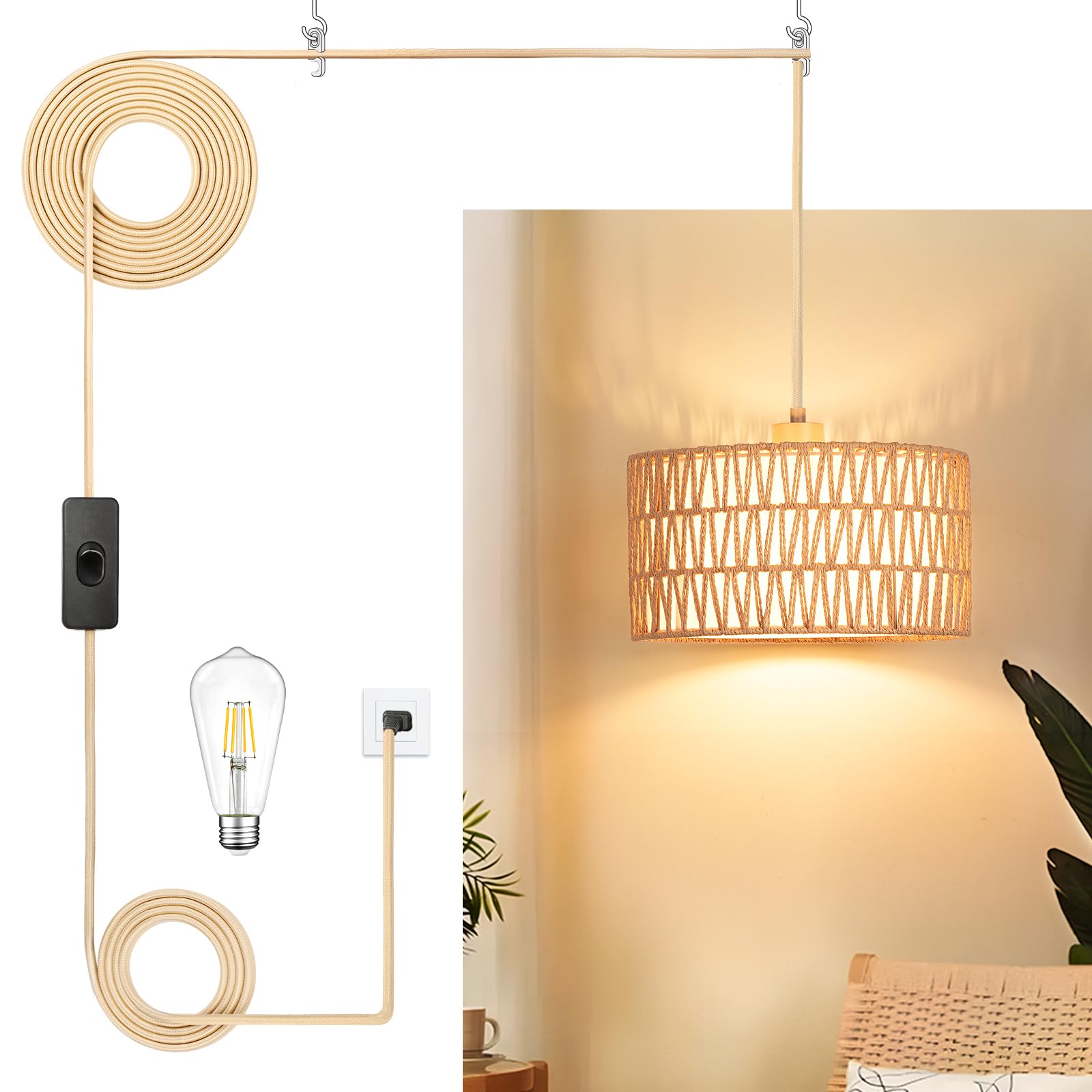 Qingmiao Boho Rattan Pendant Light With Dimmable Bulb, Woven & Fabric Shade, Ceiling Fixture