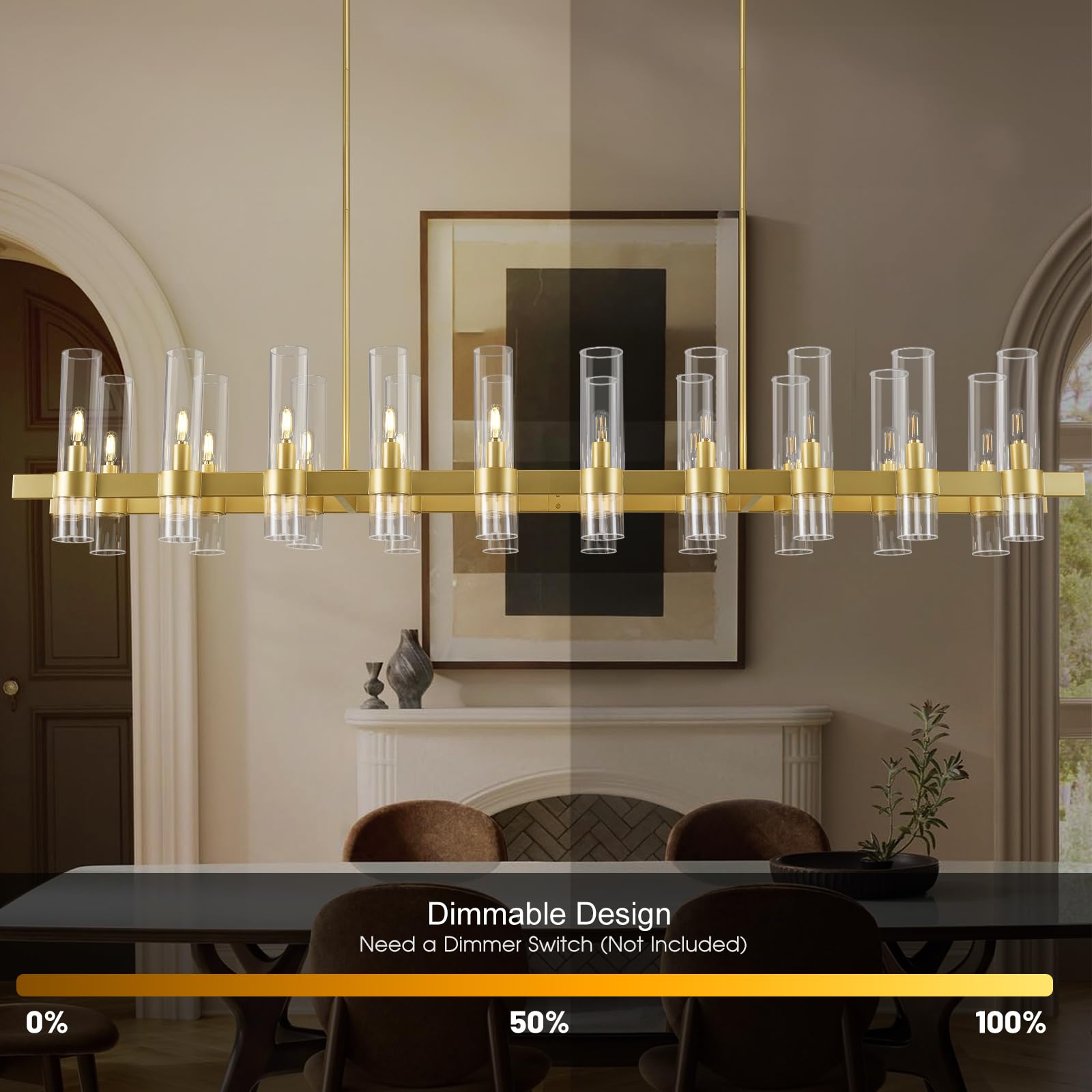 Gold Linear Chandeliers For Dining Room, 68'' Rectangle Chandelier With Glass, 20-Light Dining Room Chandeliers Over Table, Bras