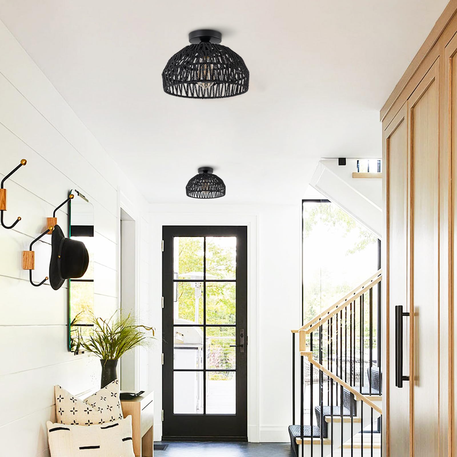 Dsliting Black Rattan Ceiling Light Fixtures Boho Chandelier Small Woven Flush Ceiling Mount Lighting Fixture Close To Ceiling L