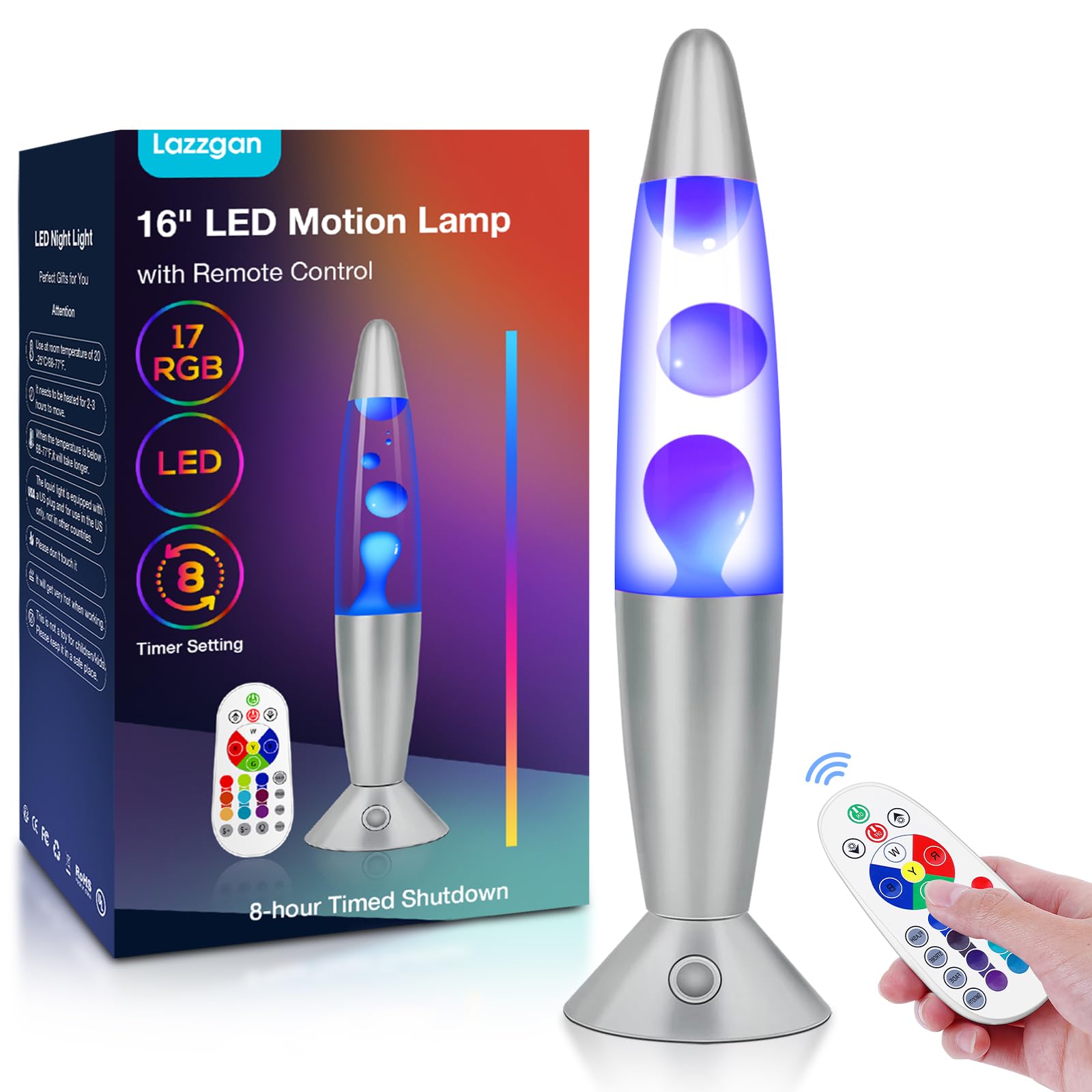 Lazzgan LED Liquid Motion Lamp, 17 Colors, Remote Control, 16 inch Large Night Light, White Wax, Model 6122QE