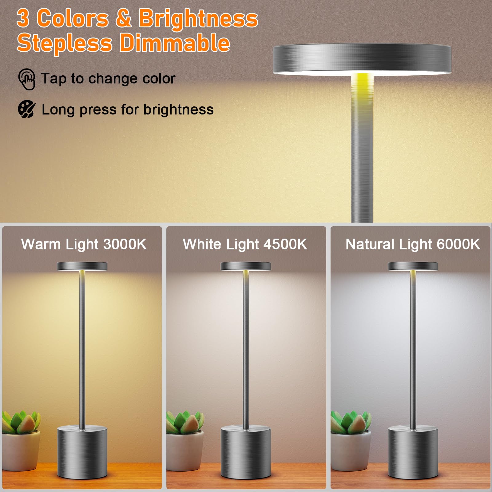 SAKRINGT Cordless Table Lamp, Rechargeable 6000mAh LED Light, Aluminum, Grey, Model S801