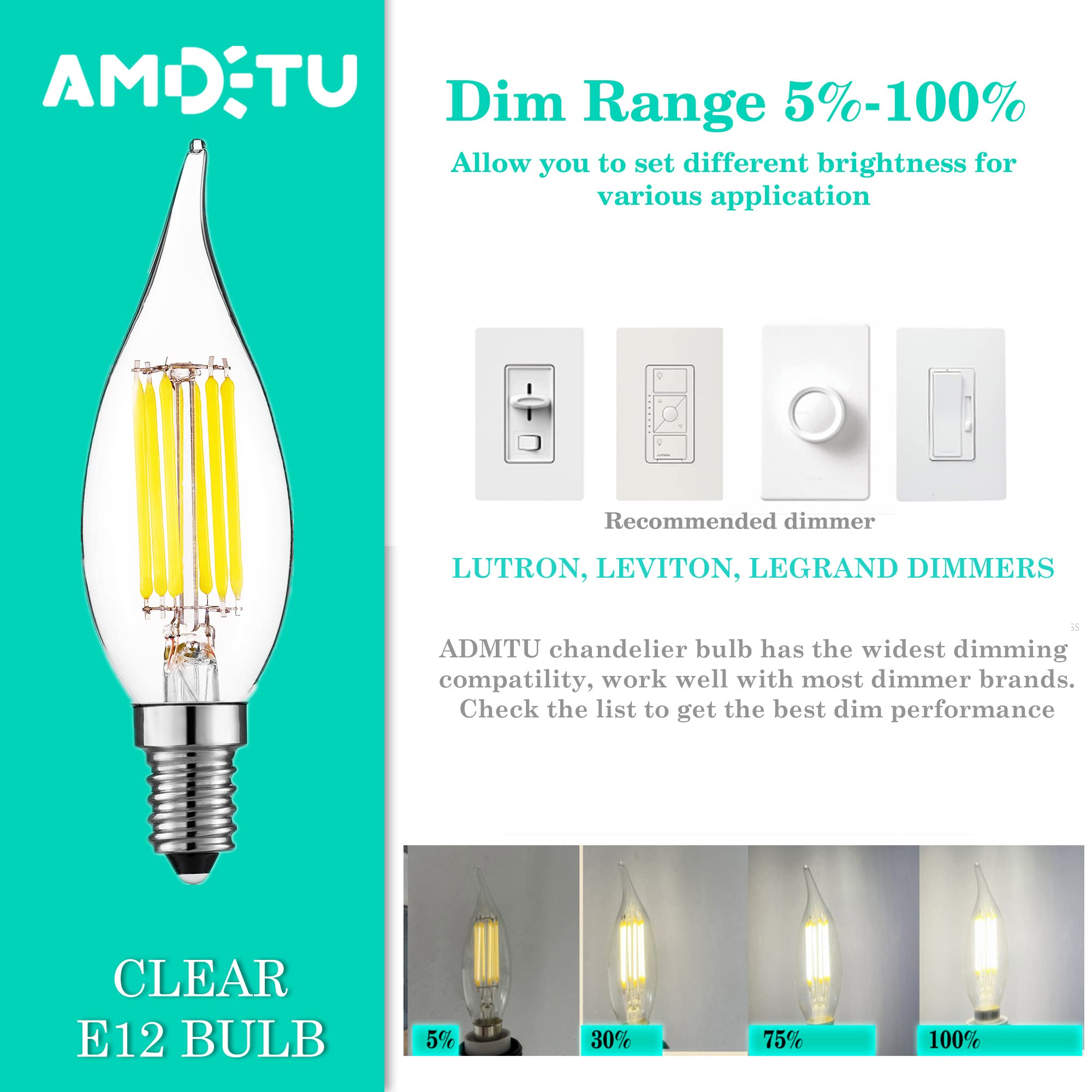 Amdtu E12 60 Watt Equivalent Led Candelabra Bulb Ca10 Candle 4000K Daylight Dimmable Small Base Chandelier Light, Ideal For Dini
