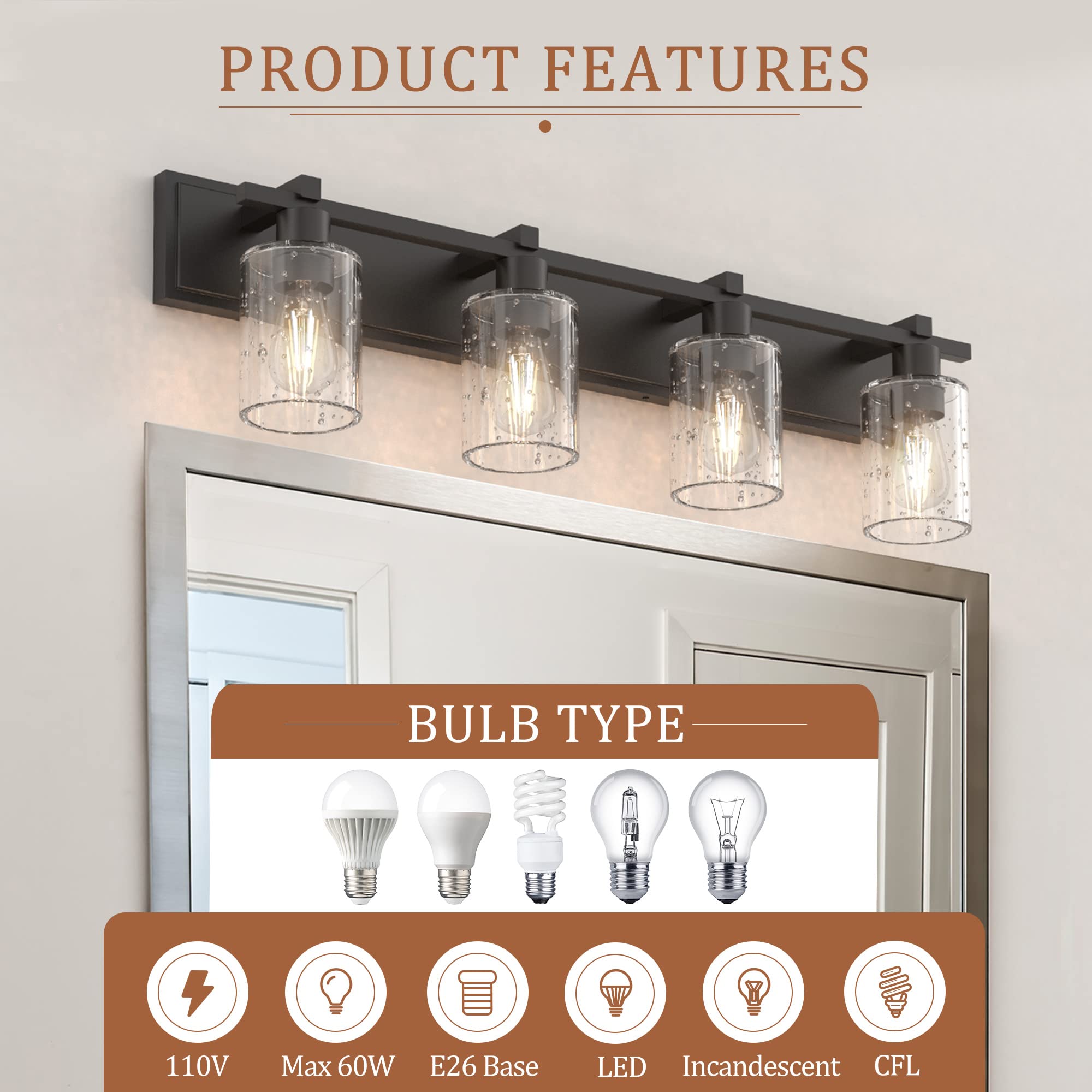 Espird Bathroom Vanity Light - 4 Light Matte Black Fixture with Seeded Glass Shade, 33 inch Modern Wall Sconce, Model W-011-1