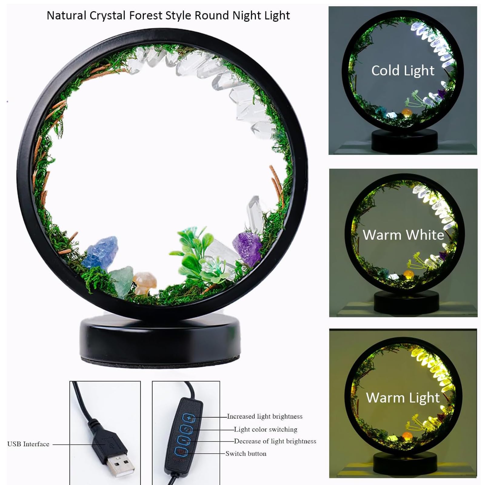 Runyangshi Forest Style Bedroom Night Light Usb Port 3 Colours Dimming Mode Bedside Lamp Natural Clear Quartz Single Crystal Healing Crystal Night Lamp For Bedroom Office Home Decor Gift