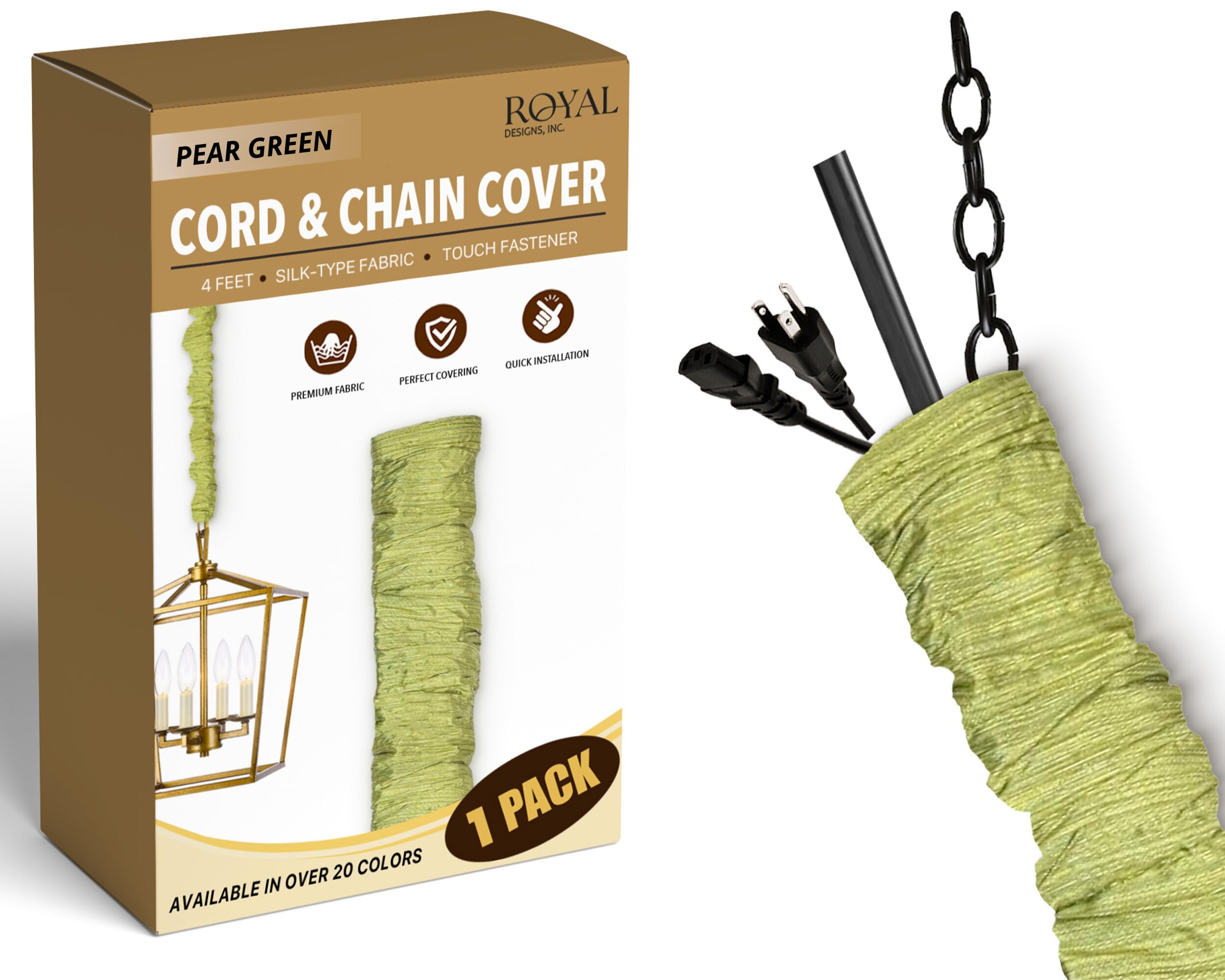 Royal Designs, Inc. Cord & Chain Cover, 4 ft Silk Type Fabric, Touch Fastener, Pear Green, Model CC-10-PGR, 1 Pack