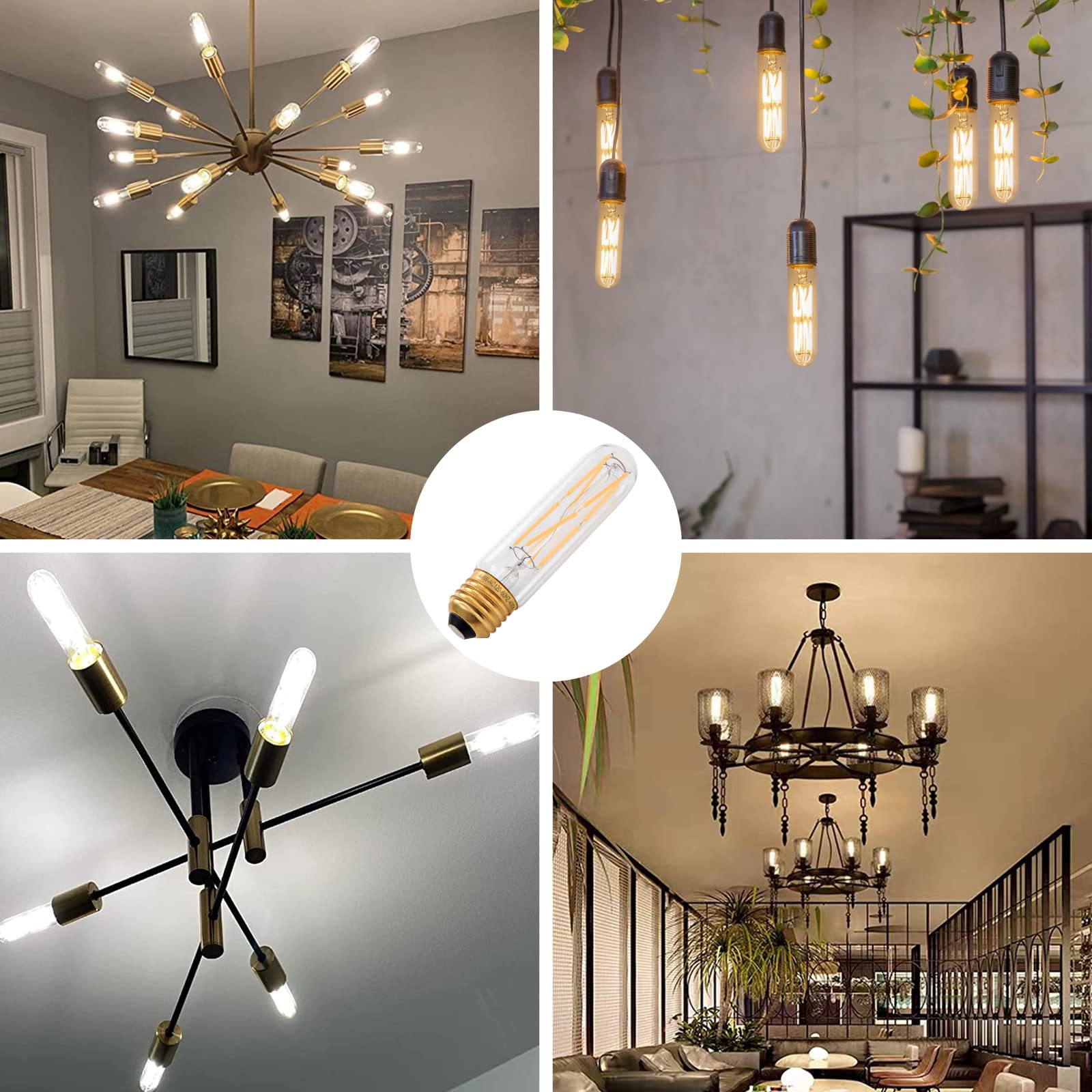 Tianshq 6 Pcs E26 T10 Led Tubular Light Bulbs, Daylight White Edison Bulb 4000K 8W Dimmable T10 Led Bulb For Pendant Lights, Lam