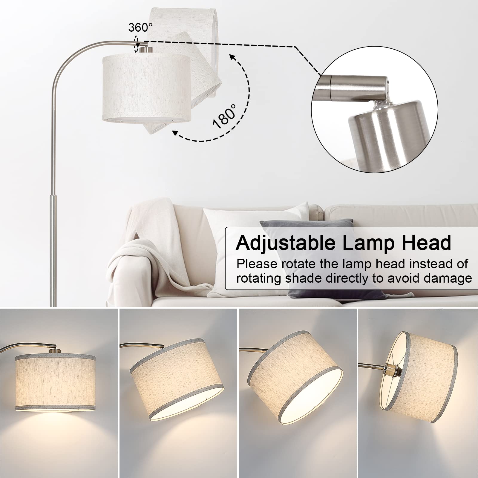 Boncoo Dimmable Arc Floor Lamp with Adjustable Drum Shade, 9W 3000K LED Bulb, Silver Finish, Model FL-SR