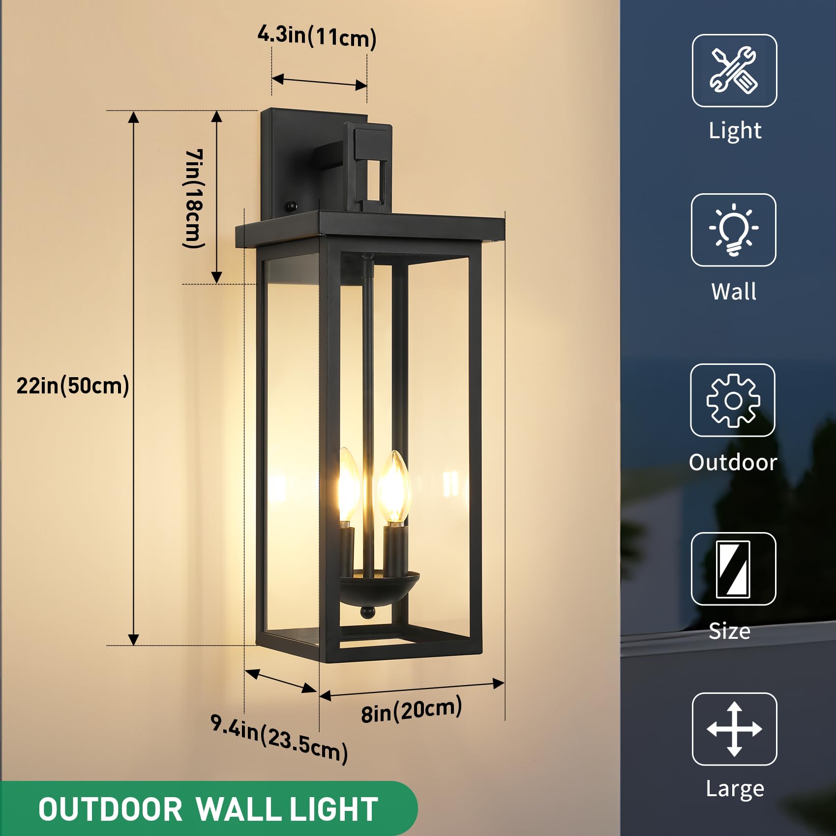 Zsmaiku 22 Inch Large Black Outdoor Wall Lights Exterior Lighting Fixtures Outside Lights For House Front Porch Light Waterproof Outdoor Wall Sconce Light Carriage Exterior Lights E12 Base*2