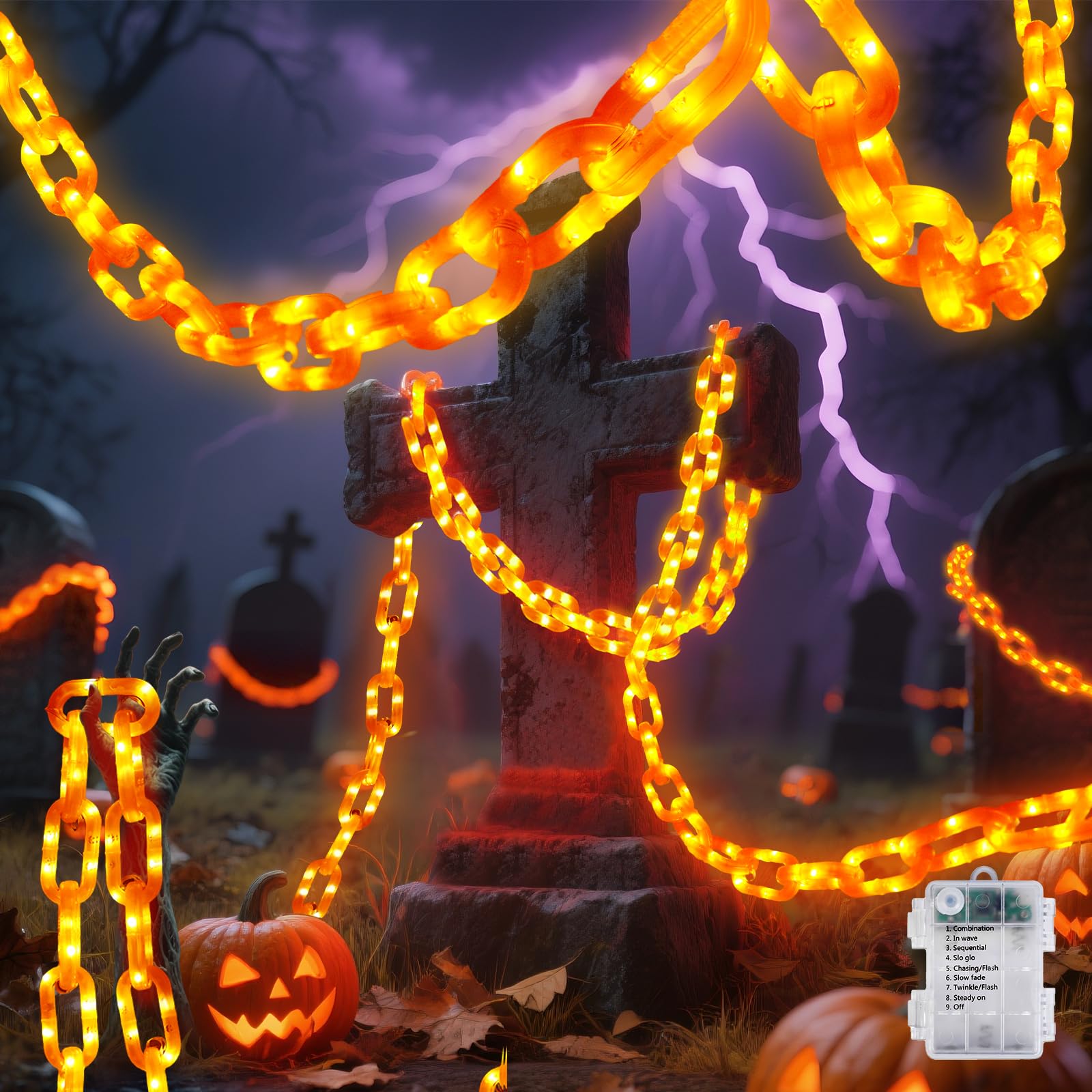 10Ft Battery Halloween Chain String Lights  Waterproof Orange Plastic Chain Lights For Halloween Decorations Indoor/Outdoor  8 Lighting Modes  Led Halloween Lights For Skeleton Dog  Lawn Porch Decor