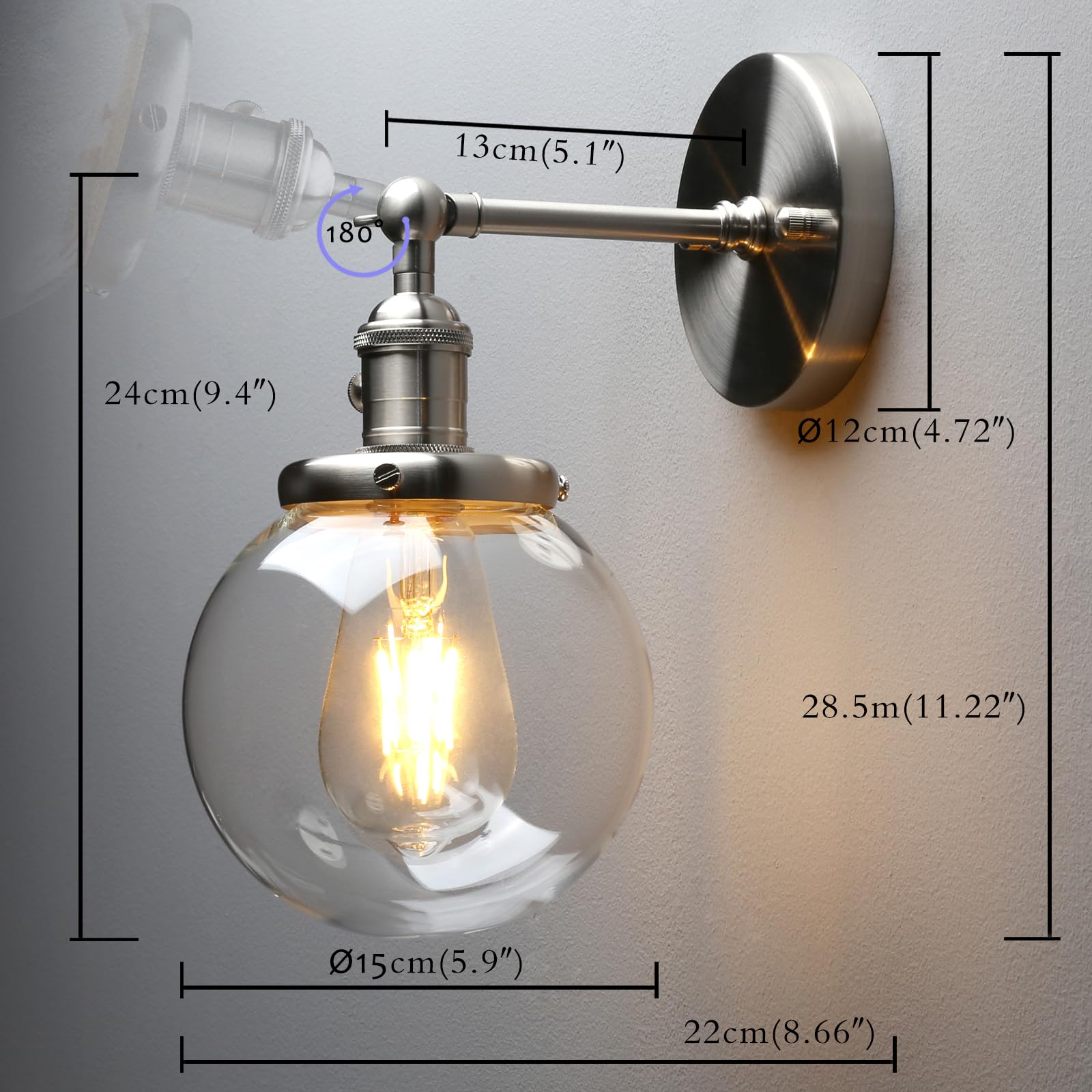 Permo Vintage Industrial Wall Sconce Lighting Fixture With Mini 5.9 Round Clear Glass Globe Hand Blown Shade (Brushed)