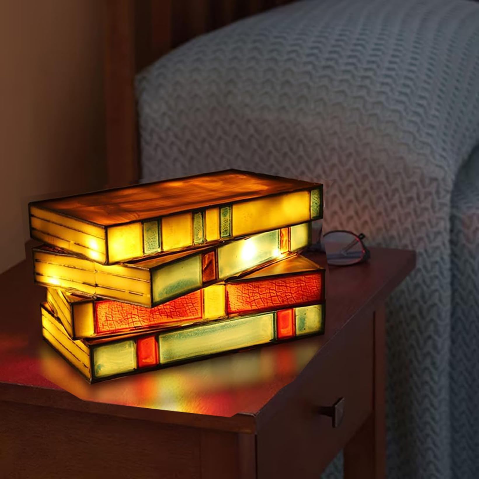 hopanrel Resin Stained Stacked Books Lamp Resin Stained Book Table Lamp Handcrafted Resin Nightstand Desk Lamps, Vintage Table L